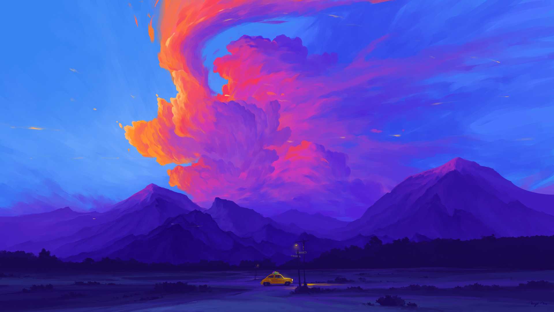 高清数字艺术 艺术品 插图 风景 自然 山 云 车辆 车 签名 场 电脑 壁纸 3840×2160