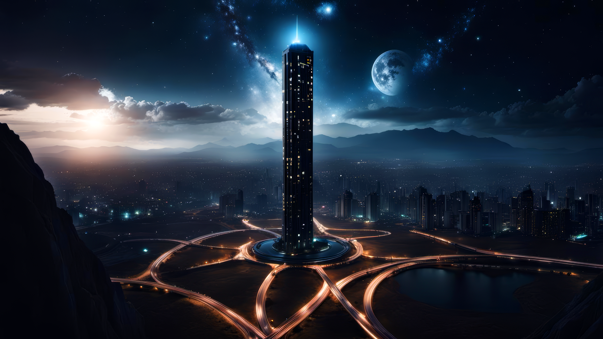 绚丽城市景观 黑暗 月光 摩天大楼 夜晚 AI艺术 电脑 桌面壁纸 3840×2160