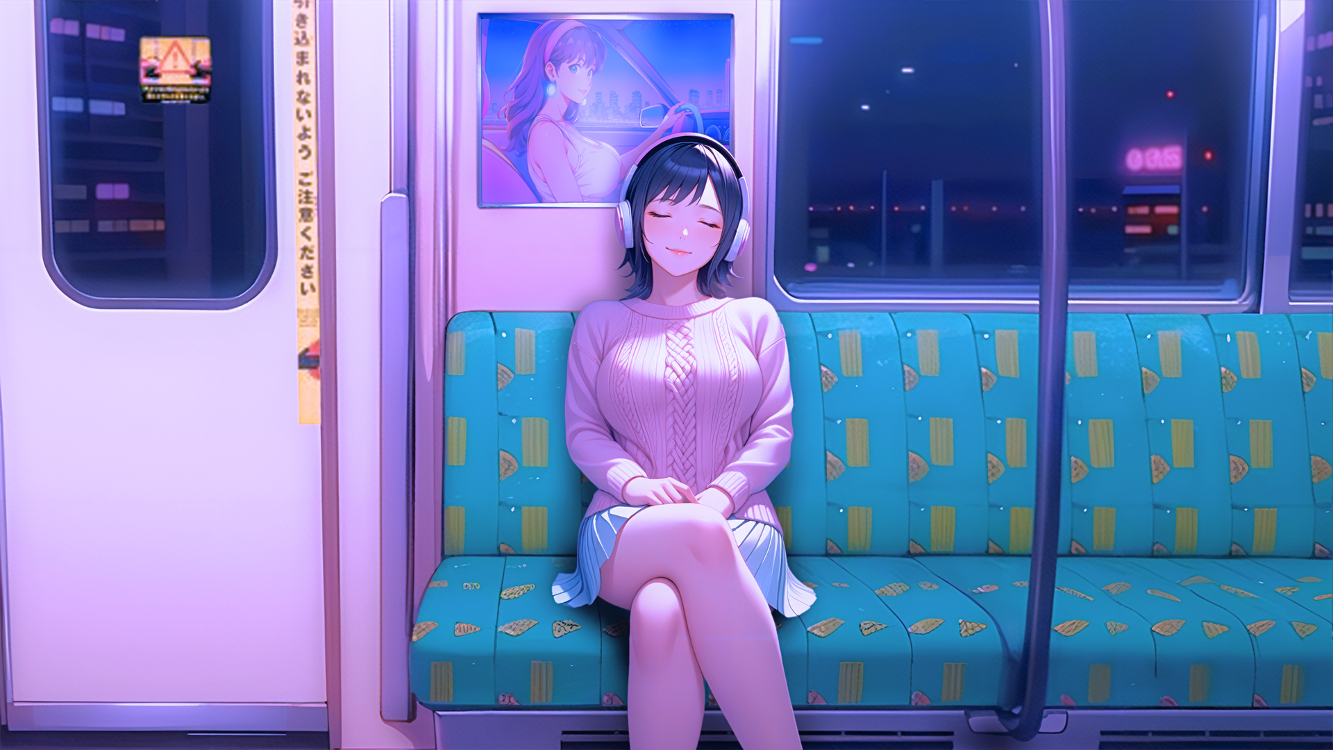 动漫女孩 地铁 霓虹灯 耳机 蓝裙 电脑 4K高清壁纸 3840×2160