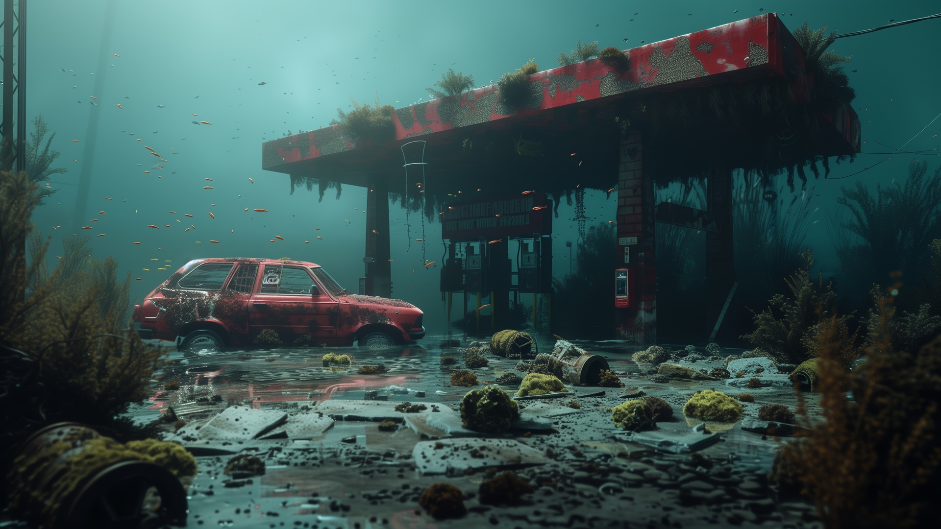 AI艺术 汽车 水下 加油站 电脑 桌面壁纸 5824×3264