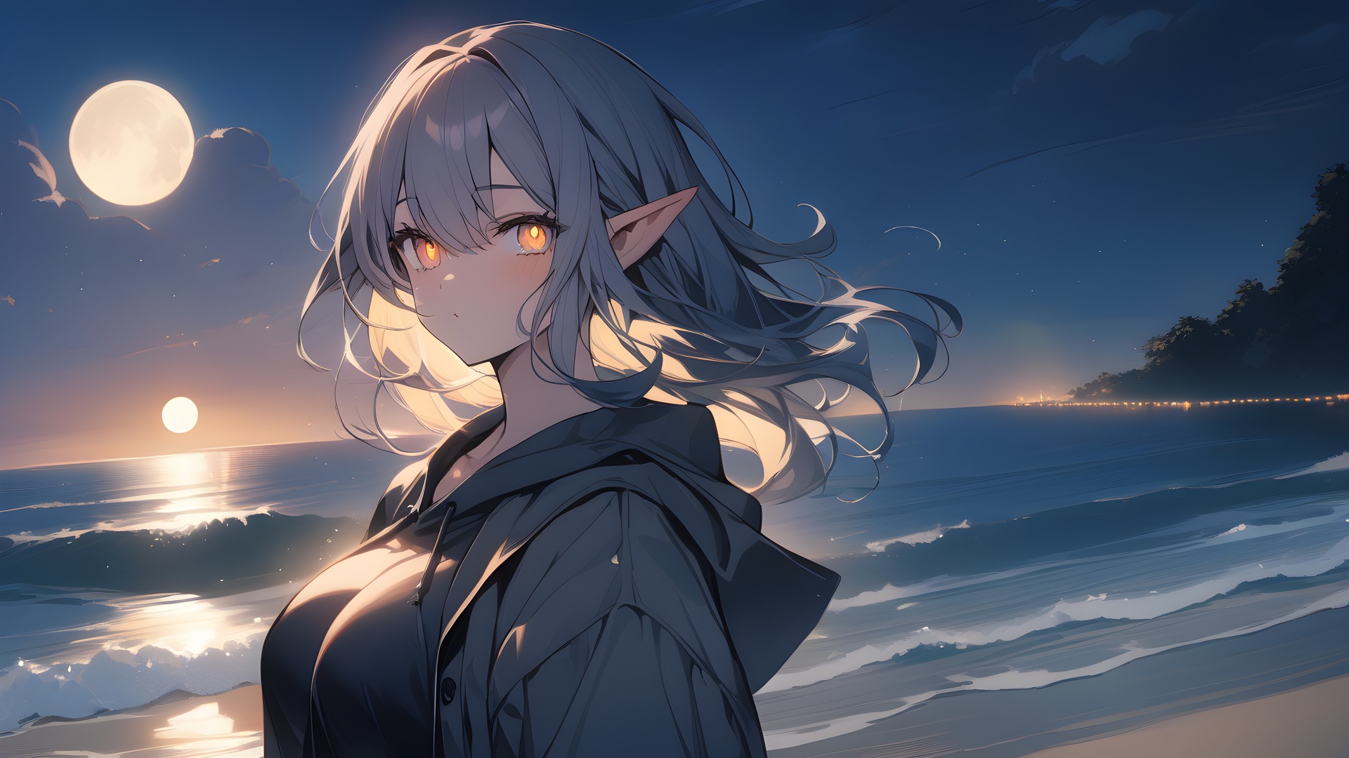 高清动漫女孩 人工智能艺术 月光 海滩 尖耳朵 电脑 4K壁纸 5376×3072