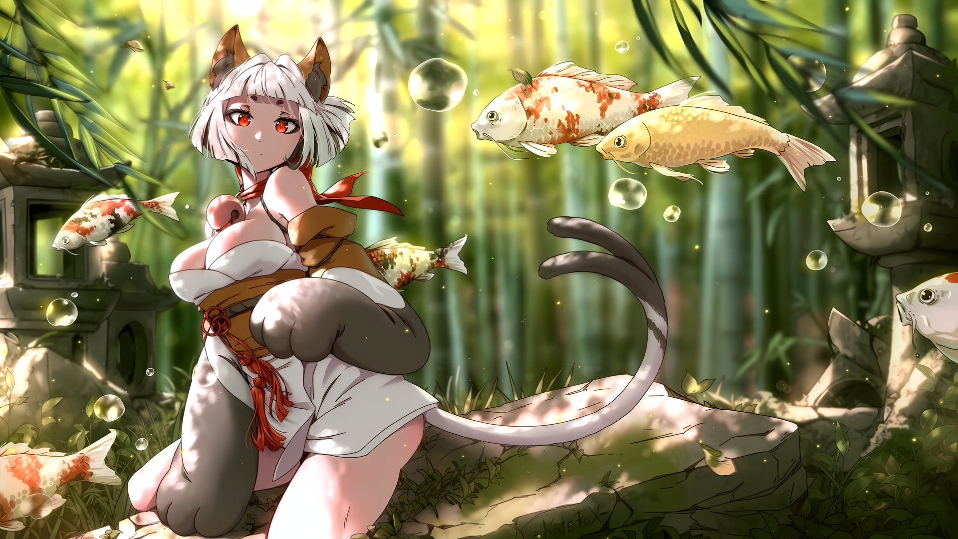 唯美凯特-福 猫女孩 红眼睛 白头发 猫耳朵 鱼 锦鲤 鲤鱼 尾巴 爪子 电脑 4K壁纸 4496×2528