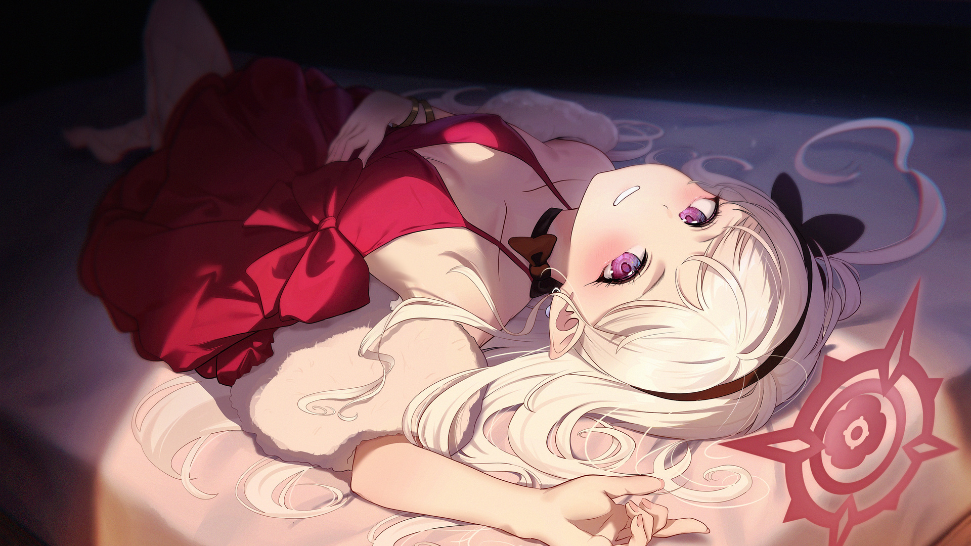 长发 白发 动漫女孩 红色连衣裙 蓝色档案 粉丝艺术 电脑 壁纸 3840×2820
