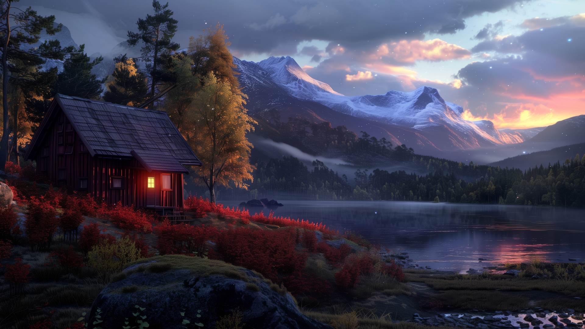 超清AI艺术 水 插图 小屋 湖 山 电脑 4K壁纸 5824×3264