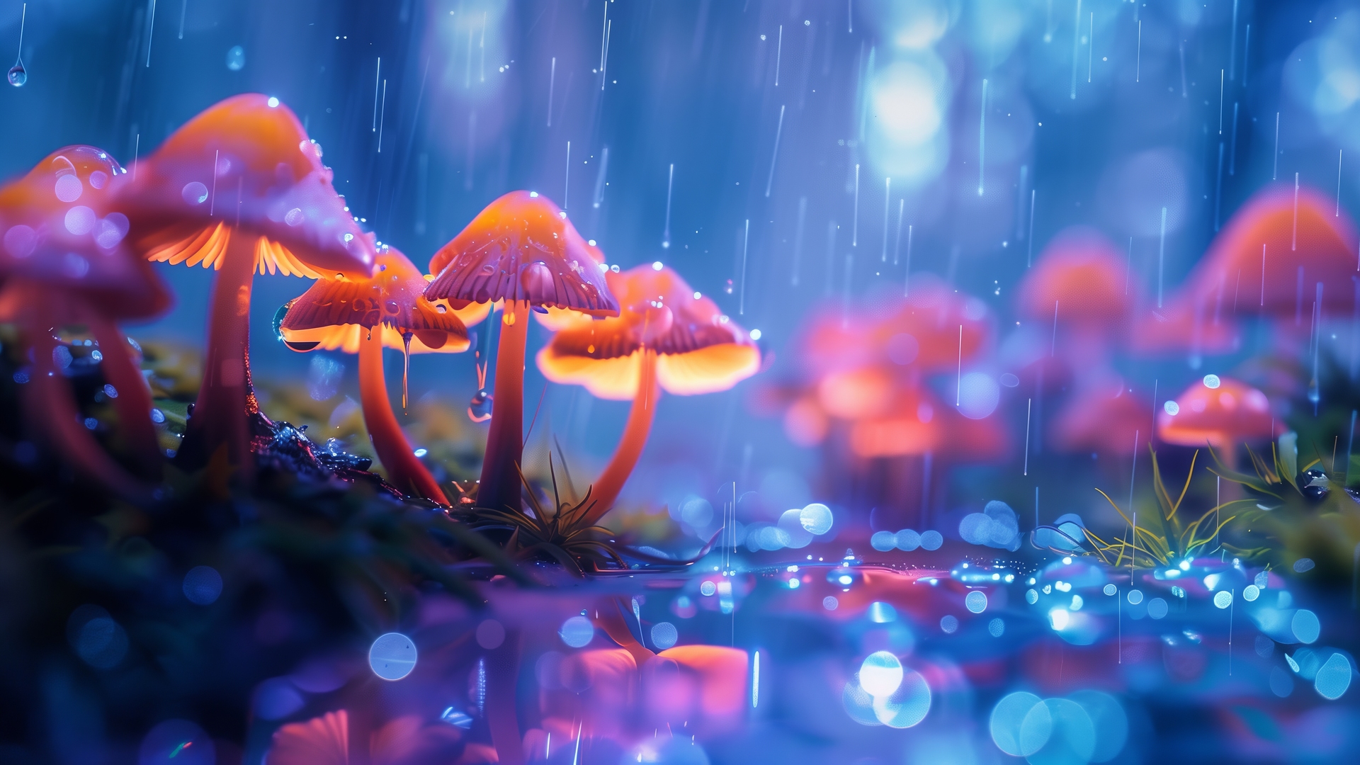 蘑菇 雨 发光 蓝色 电脑 4K高清壁纸 5824×3264