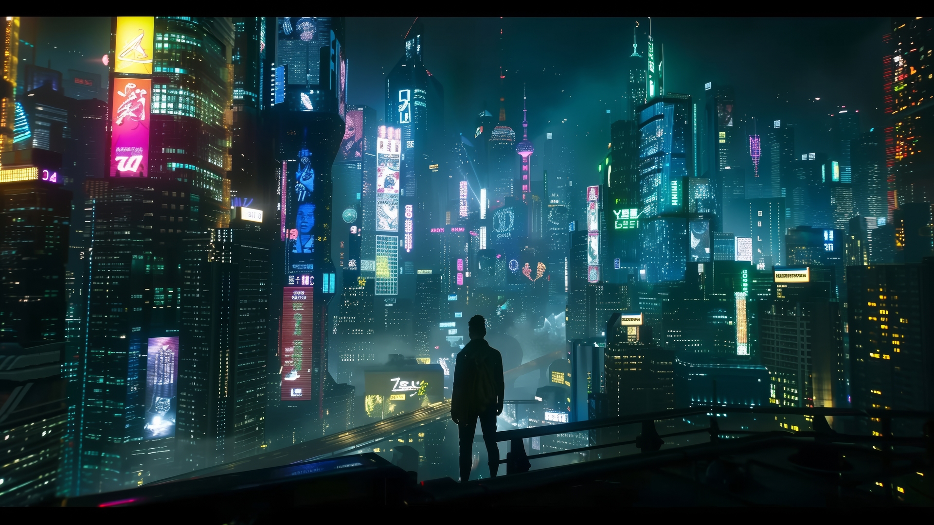 AI艺术 赛伯朋克 城市景观 霓虹灯 剪影 电脑 无水印壁纸 5824×3264