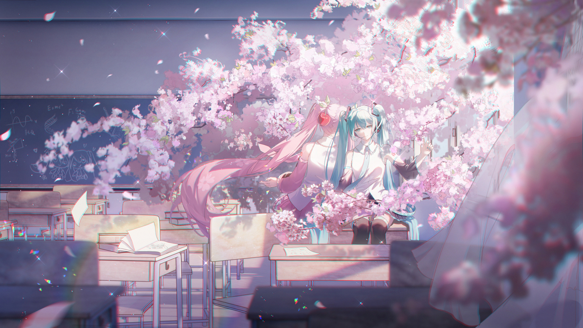 动漫 动漫女孩 小提琴 樱花 花瓣 教室 双尾 电脑 4K高清壁纸 5425×3052