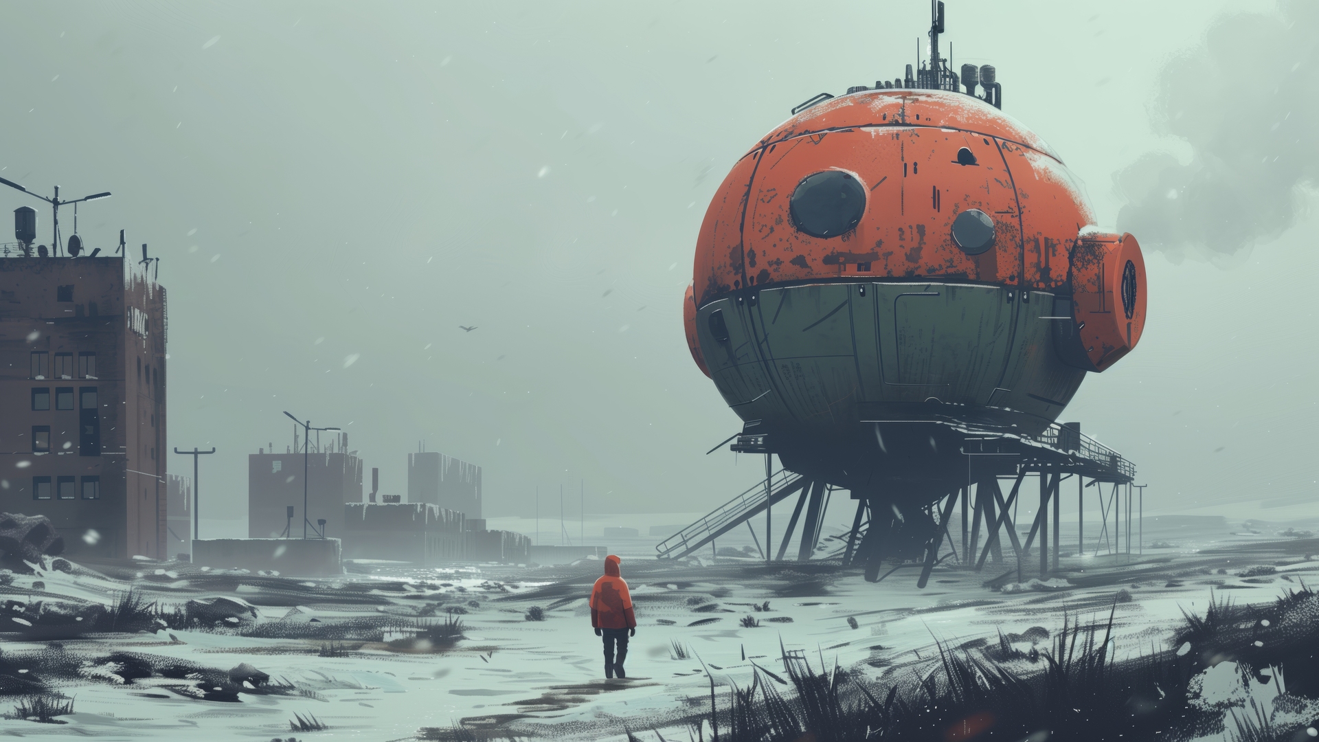 AI艺术 插图 塔 雪 冬天 橙色 雾 电脑 壁纸 5824×3264