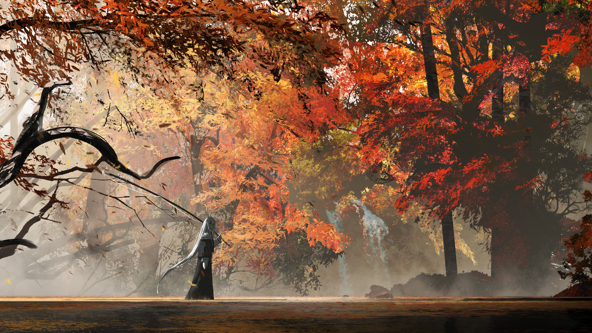 数字艺术 艺术品 森林 树木 钓竿 秋天 电脑 壁纸 5830×2492