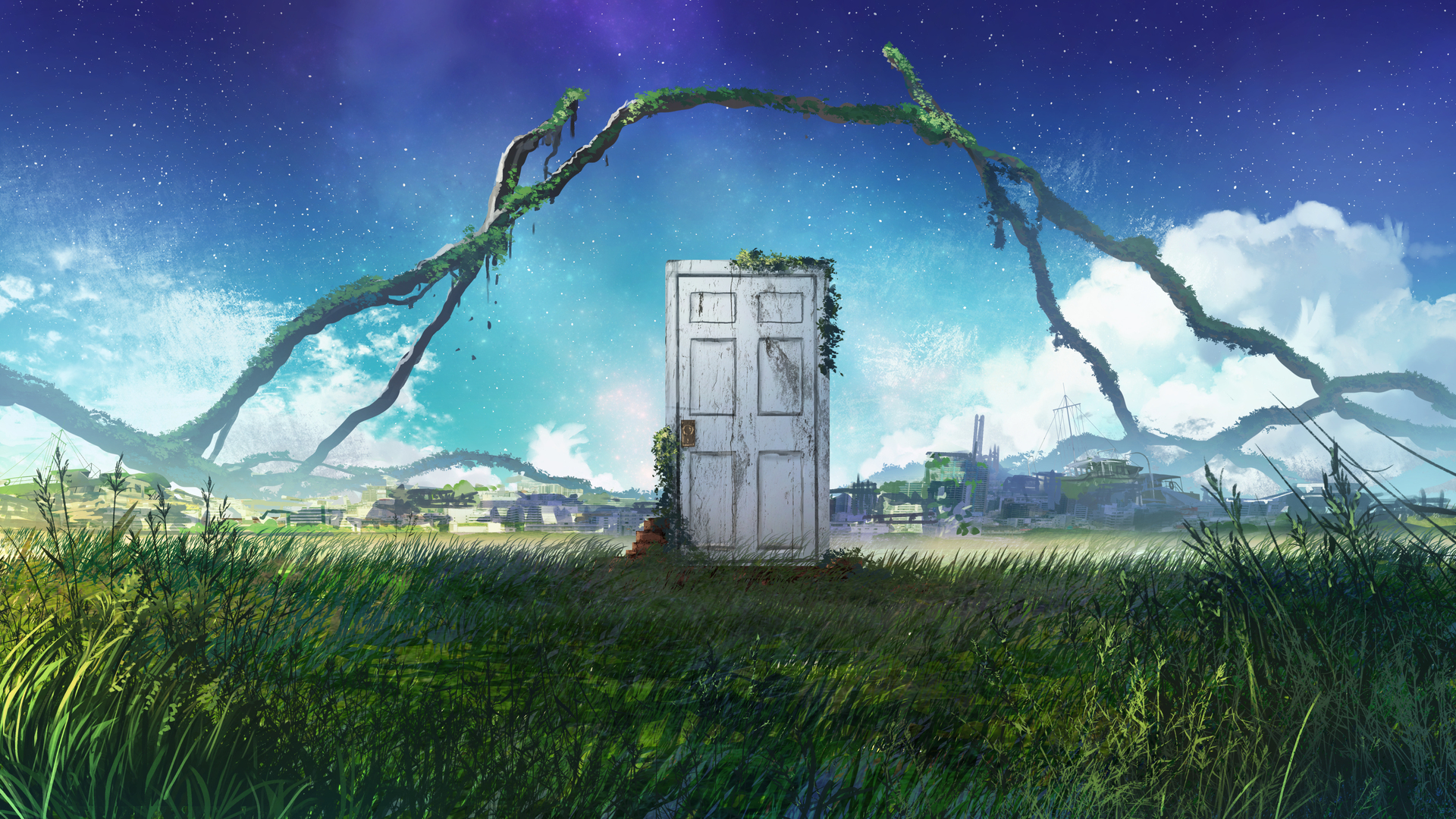 草 门 云 天空 艺术品 铃木 电影剧照 风景 星星 门把手 电脑 壁纸 4320×2430