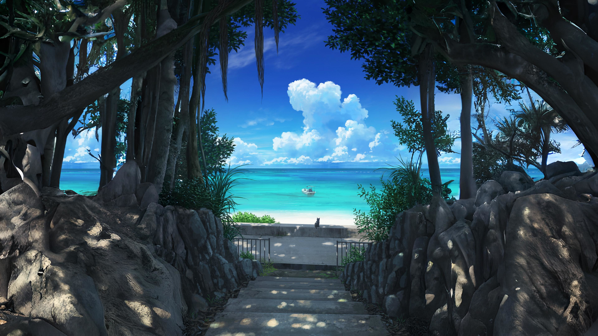 高清楼梯 海滩 岩石 海景 水 天蓝色 电脑 无水印壁纸 3840×2160