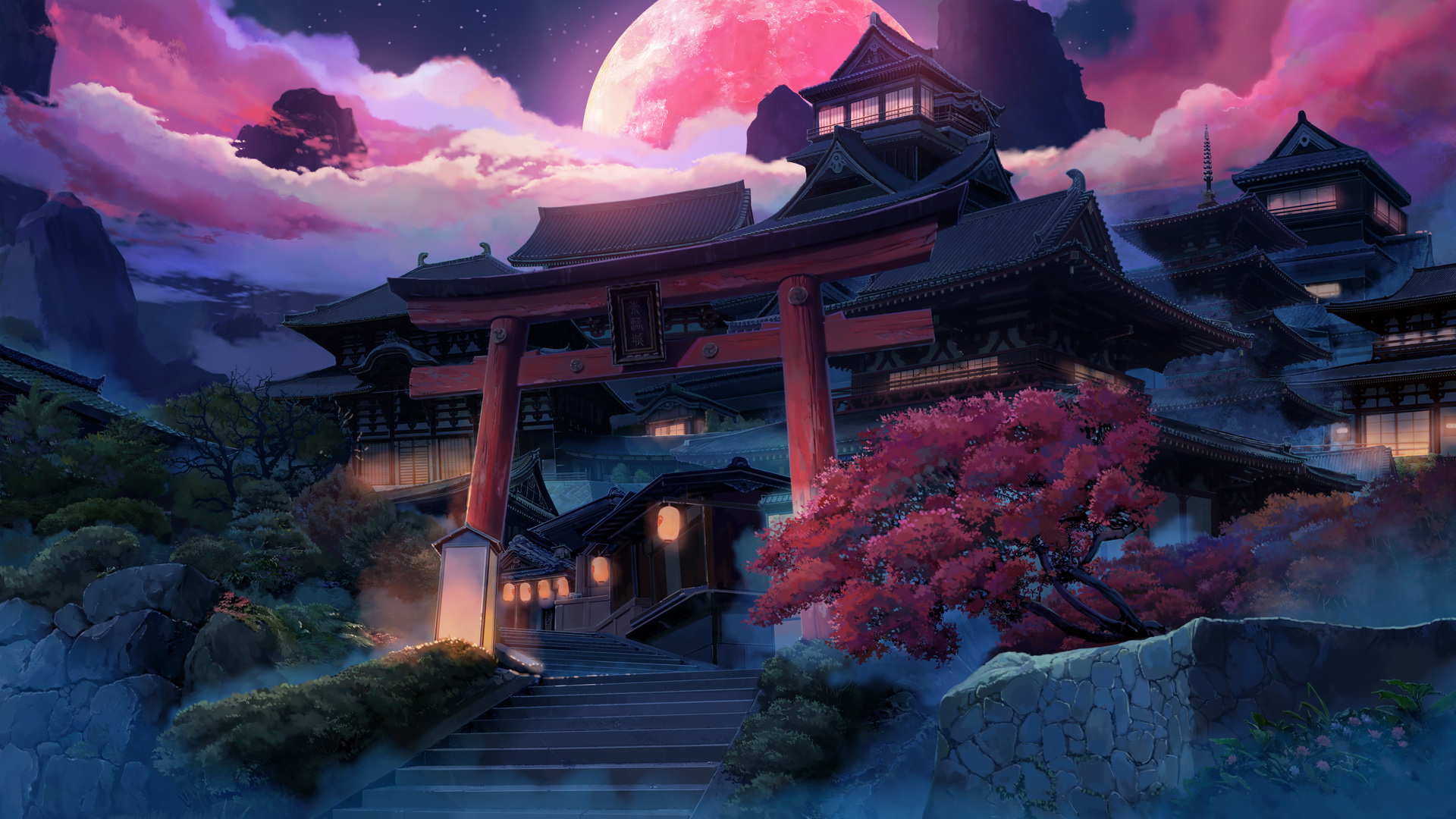 数字艺术 艺术品 插图 环境 夜 夜景 鸟居 云 月亮 建筑 城堡 电脑 壁纸 5111×2874