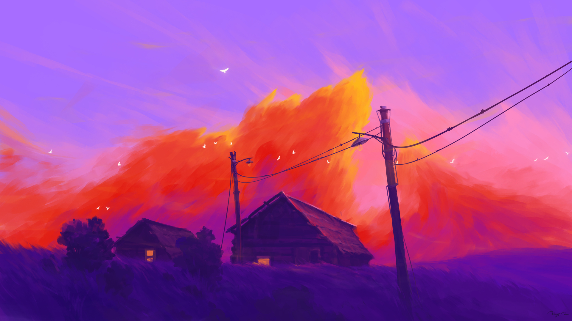 绚丽日落 房子 自然 鸟类 动物 电力线 电脑 壁纸 3840×2160
