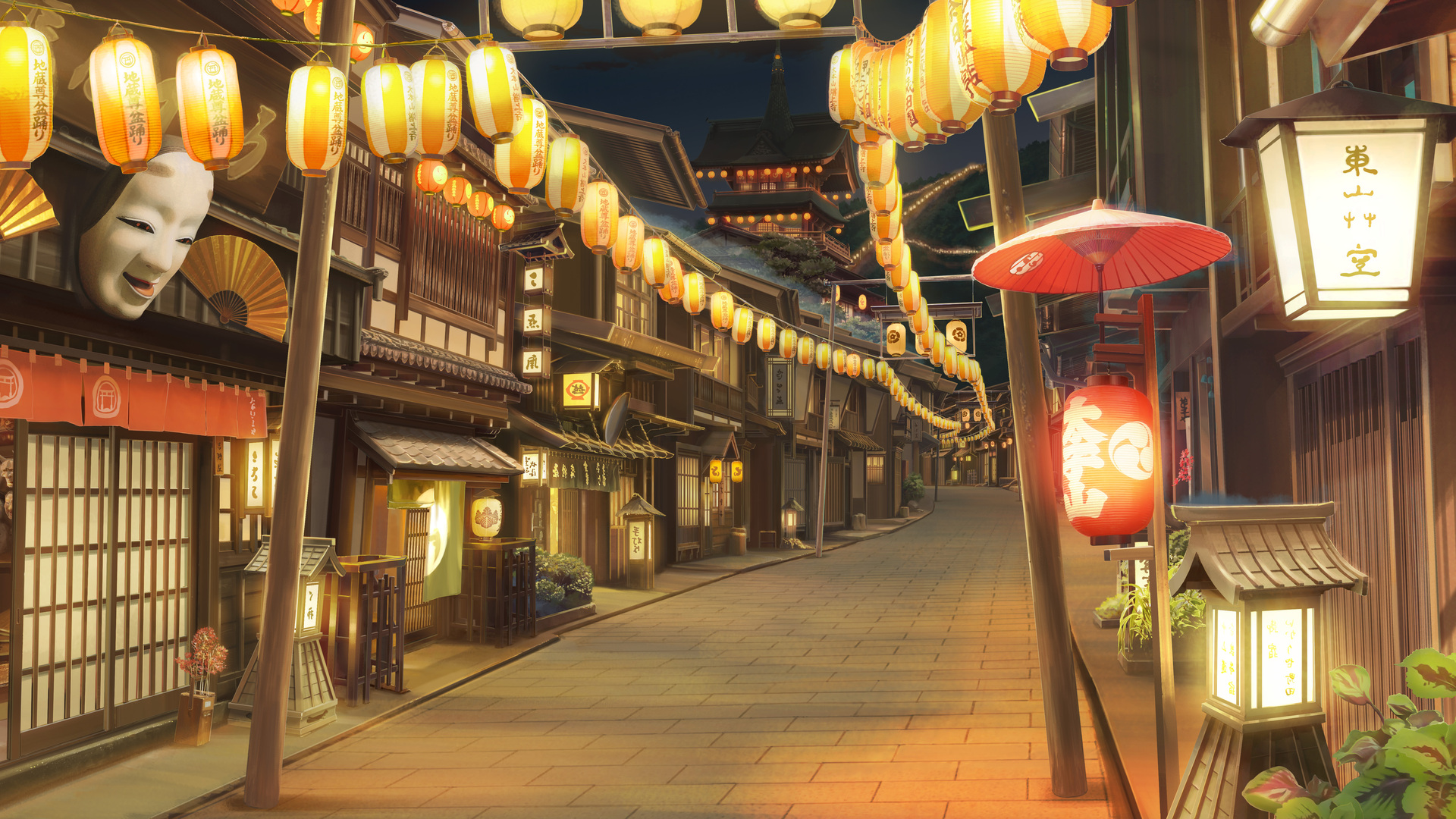 热门街道 建筑 路灯 纸灯笼 灯笼 面具 伞 夜 电脑 壁纸 7083×3282