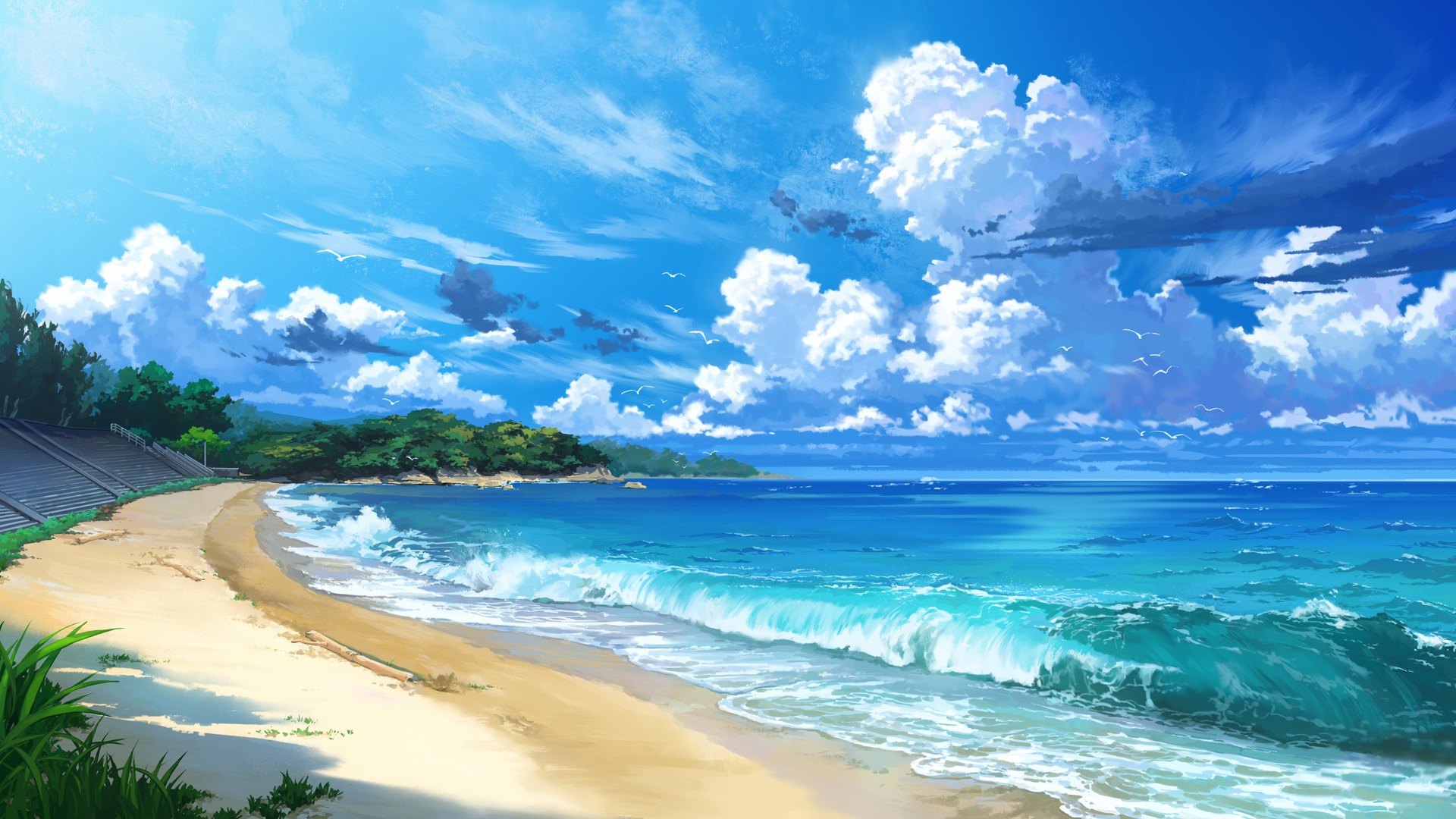 唯美海滩 海 云 沙 波浪 海岸 草 天空 楼梯 户外 地平线 积云 电脑 壁纸 3932×2202