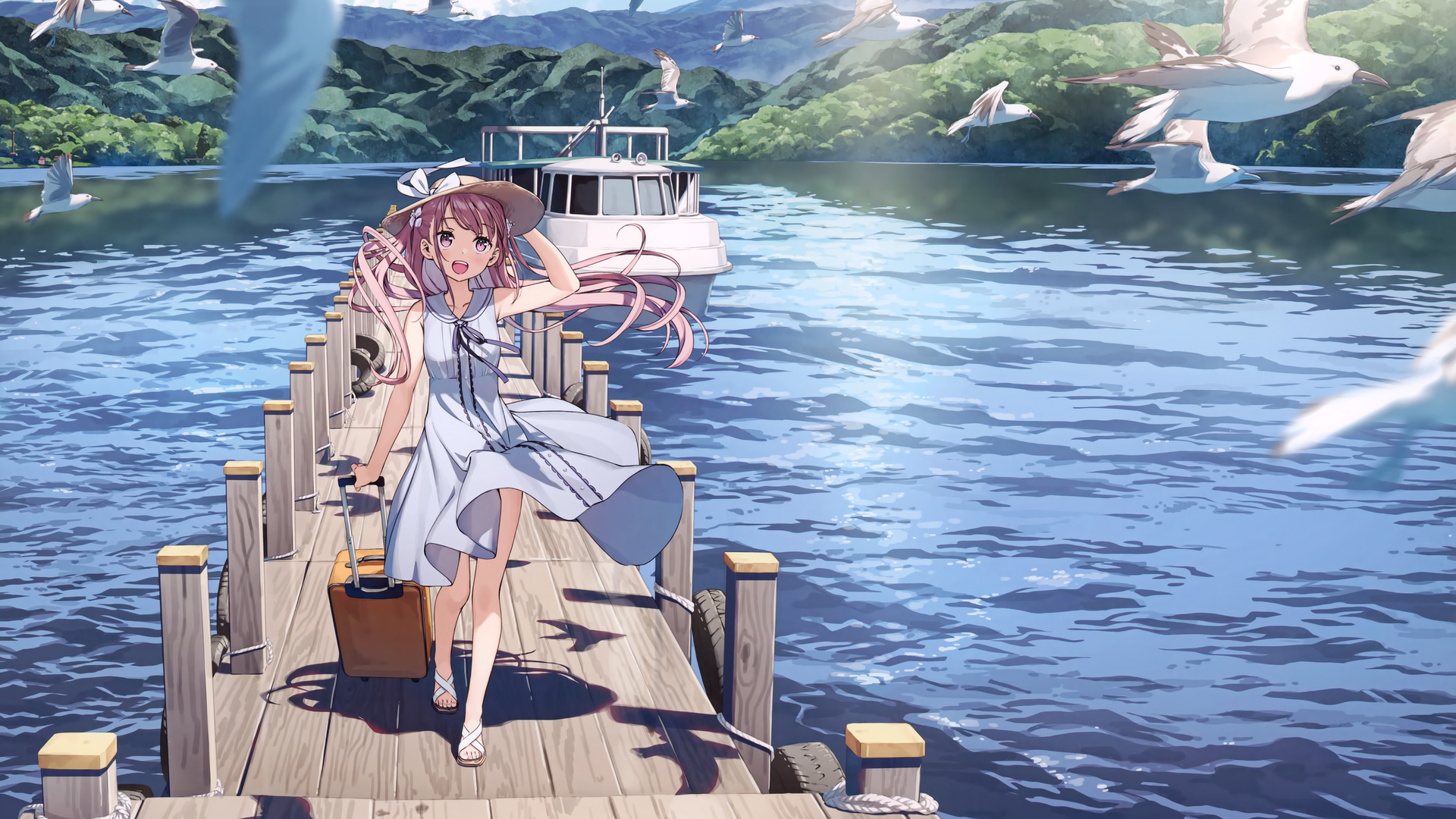 动漫女孩 船 海鸥 电脑 高清壁纸 4969×3149