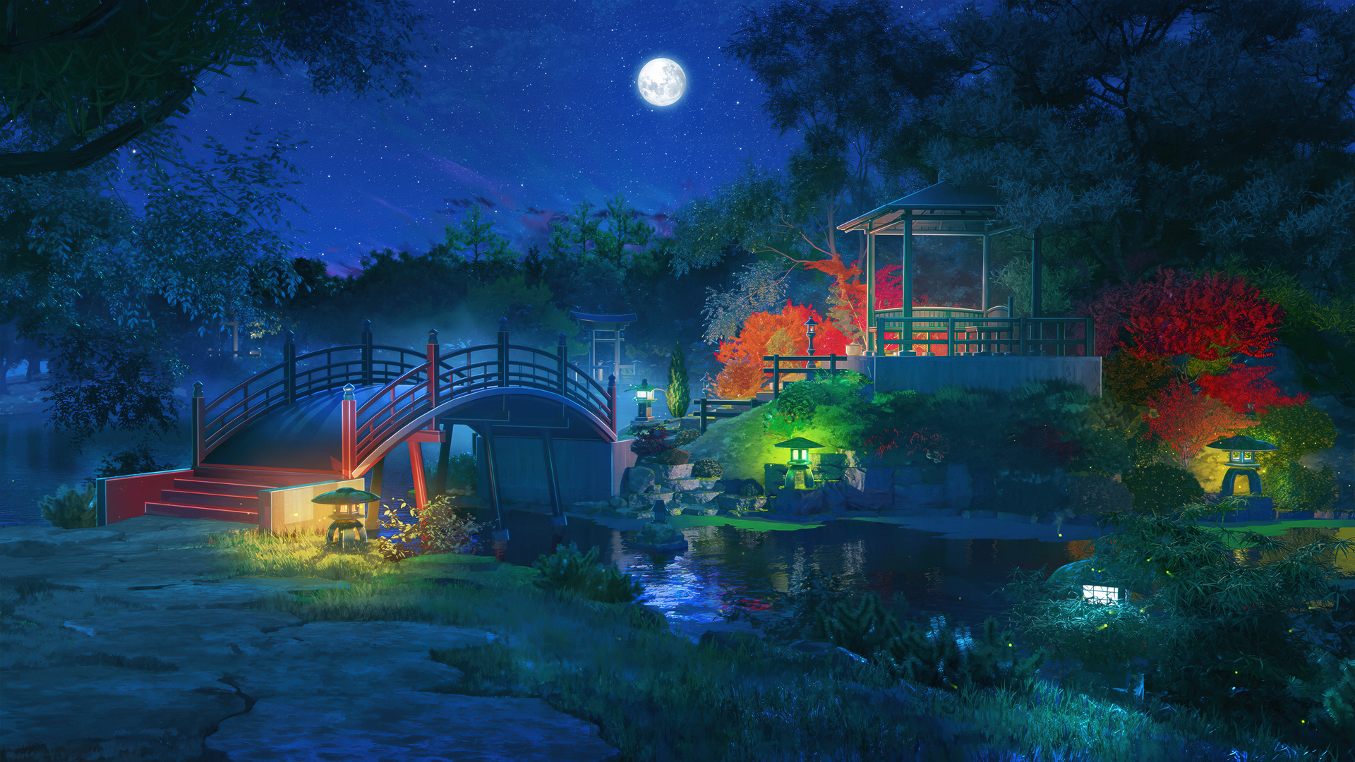 夜景 月亮 星星 星星的天空 桥梁 森林 自然 河 水 树 电脑 壁纸 3840×2160