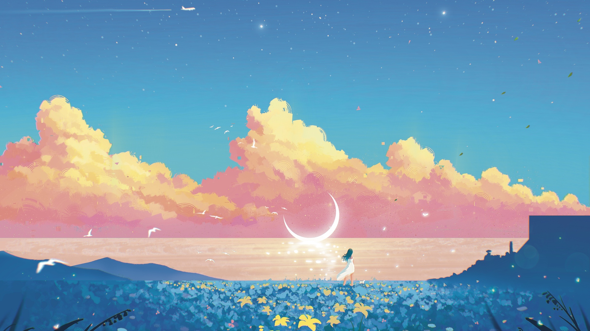 绝美绘画 风景 领域 植物 花 月亮 云 鸟 动物 飞机 水 白色衣服 星星 电脑 壁纸 4724×3307