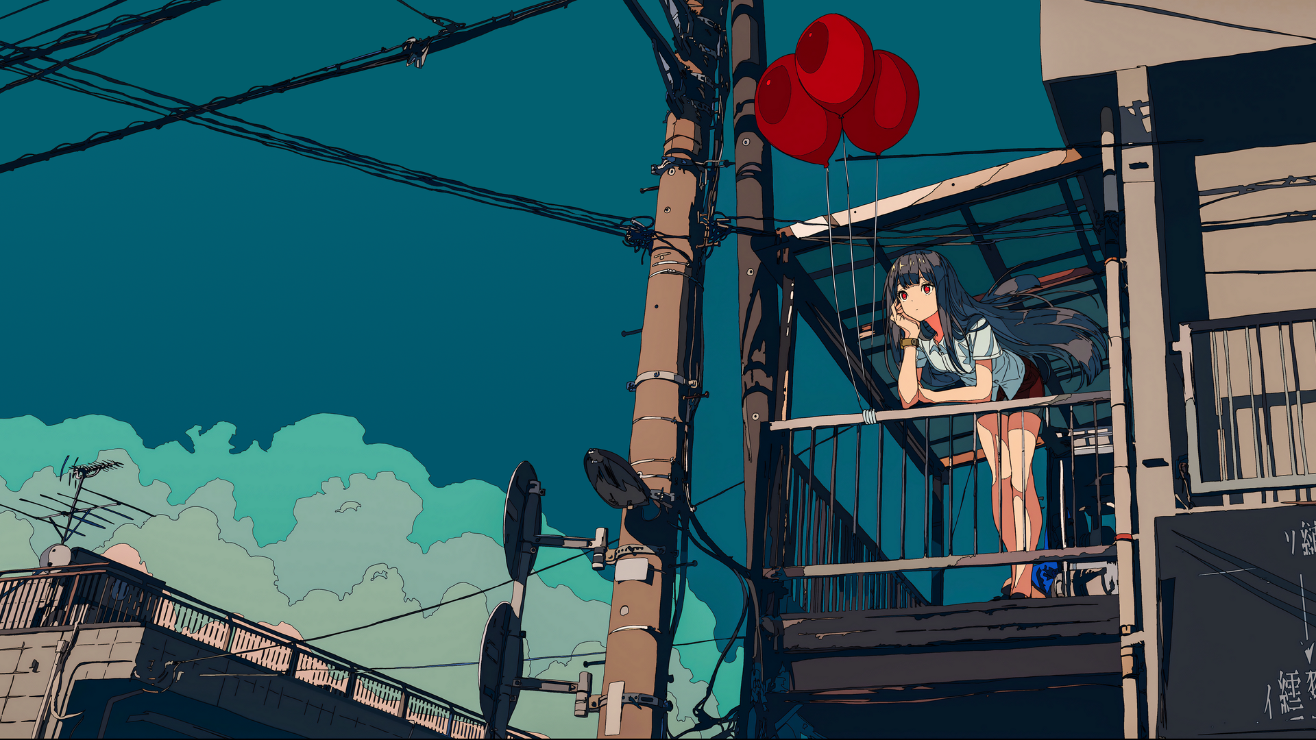 超清动漫女孩 天空 云 阳台 气球 电脑 无水印壁纸 5160×2160