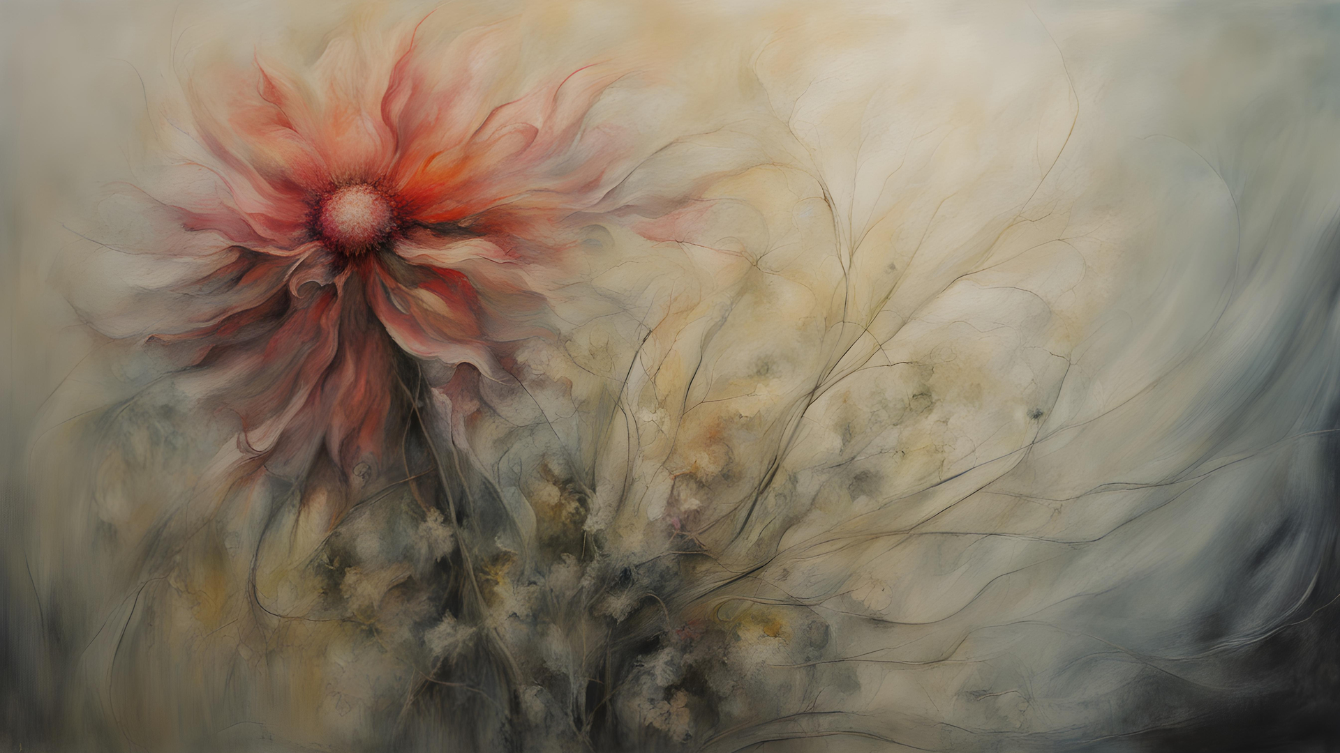 花园 红色 抽象 油画 电脑 壁纸 5376×3072