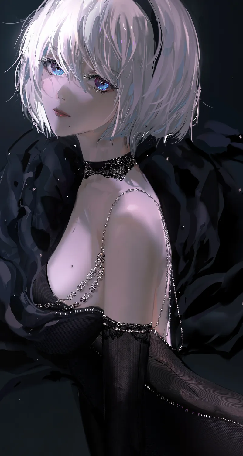 精选蓝色眼睛 白色头发 礼服 银饰品 手机 桌面壁纸 4136×6269