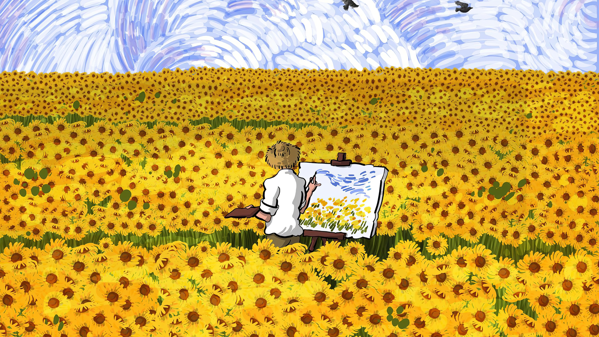 经典绘画 向日葵 鲜花 鸟类 草帽 后视镜 田野 电脑 桌面壁纸 4378×2736
