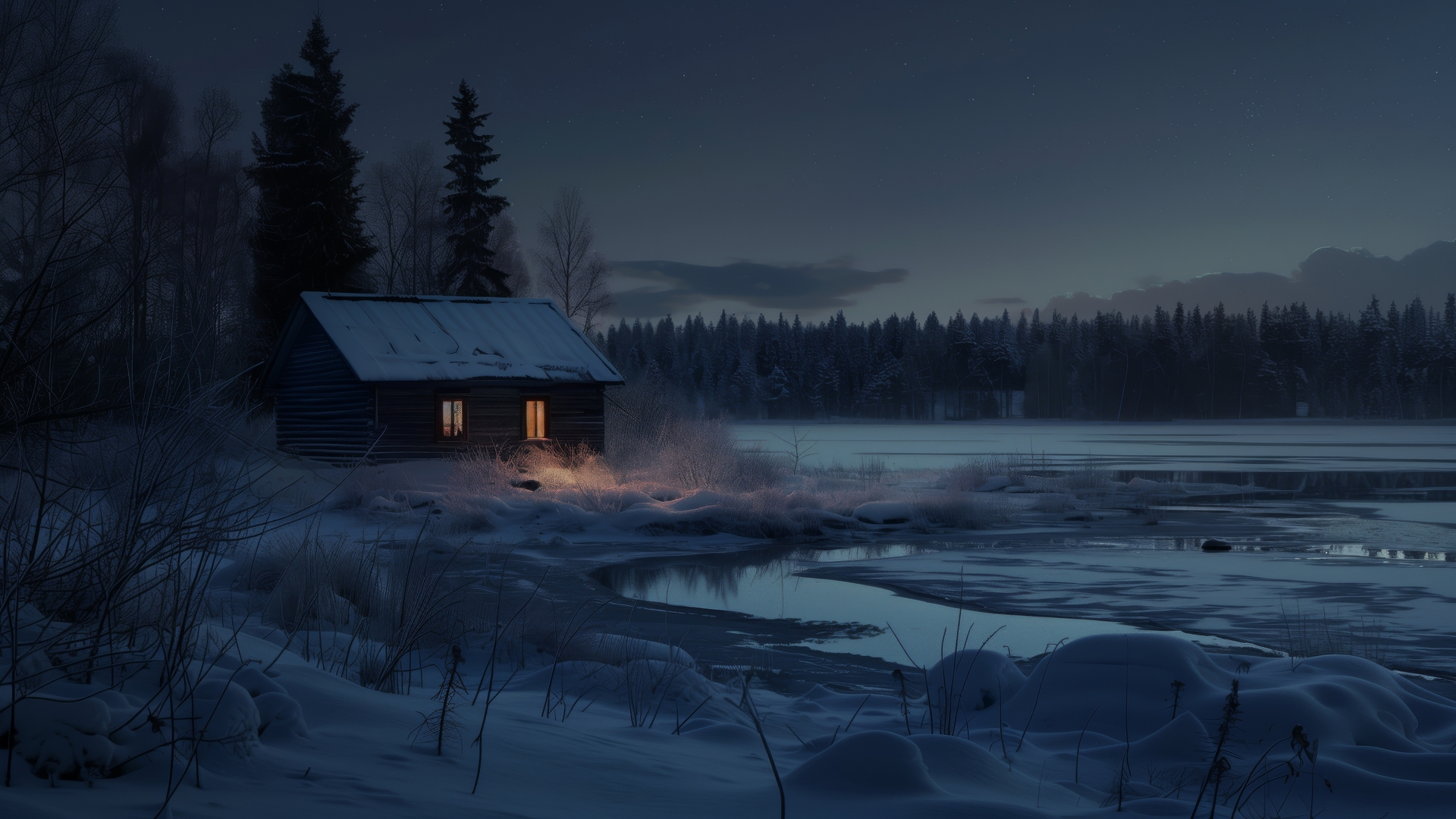 冬天 雪 夜晚 小屋 湖 树木 电脑 4K高清壁纸 5824×3264