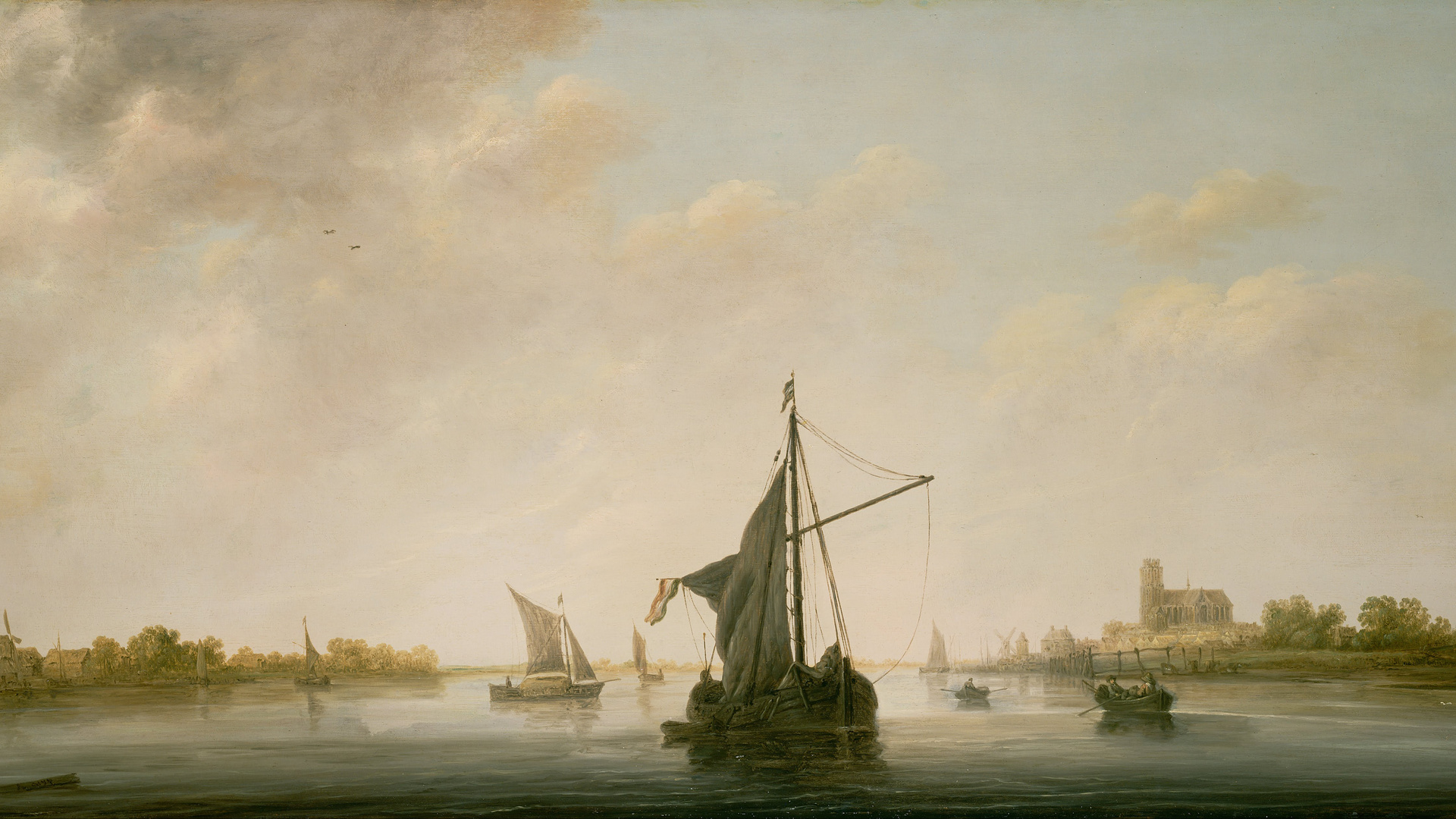 艺术品 现实主义 海 云 日出 帆船 天空 绘画 油画 电脑 壁纸 5451×2529