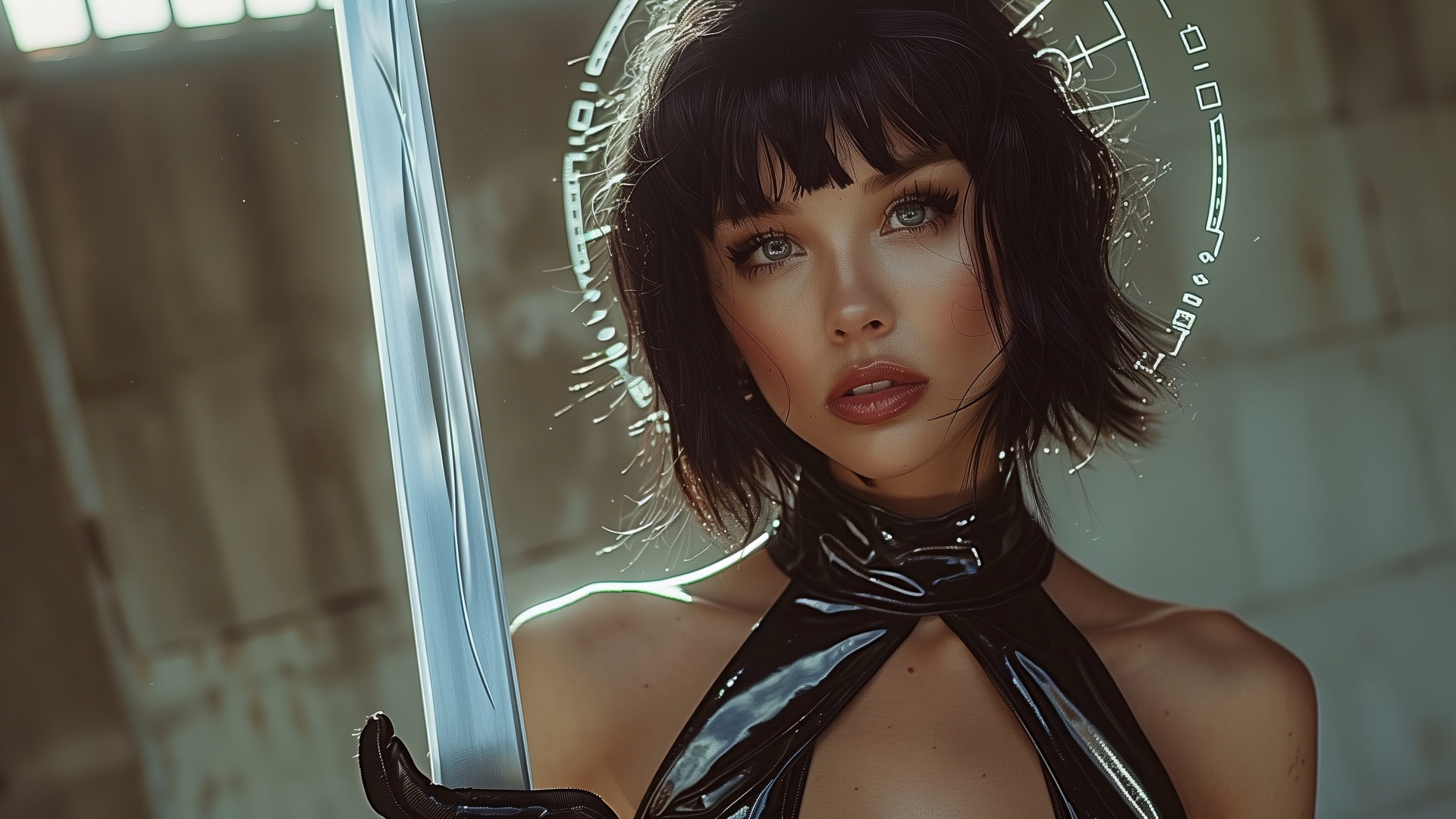 女性 看着观众 剑 光环 电脑 壁纸 5824×3264