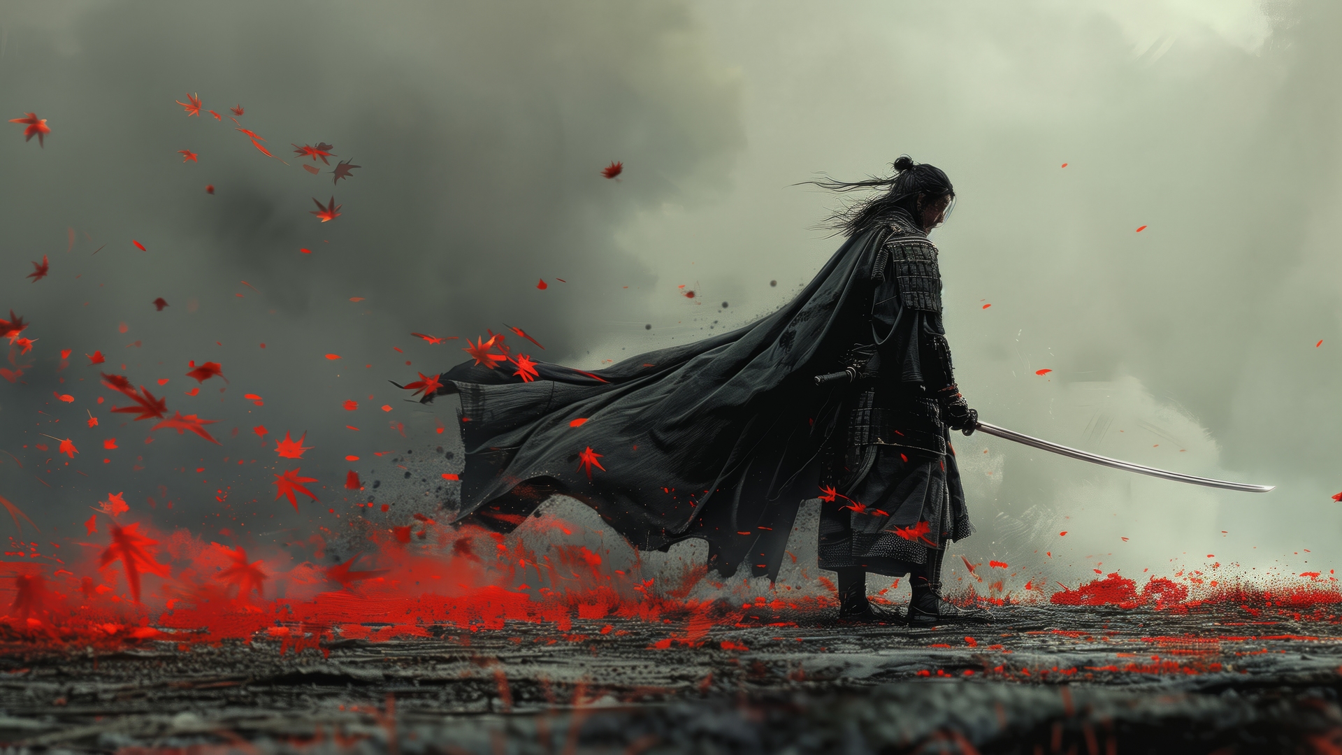 亚洲 人工智能艺术 插图 武士 树叶 烟雾 剑 电脑贴纸 4K贴纸 4K高清壁纸 5824×3264