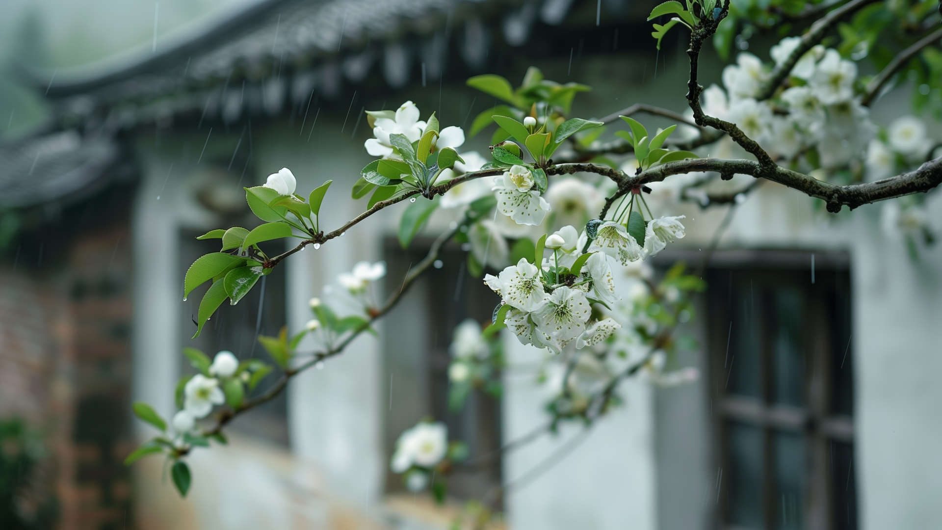 热门古典 屋檐 白色 花朵 电脑贴纸 4K贴纸 4K壁纸 5824×3264