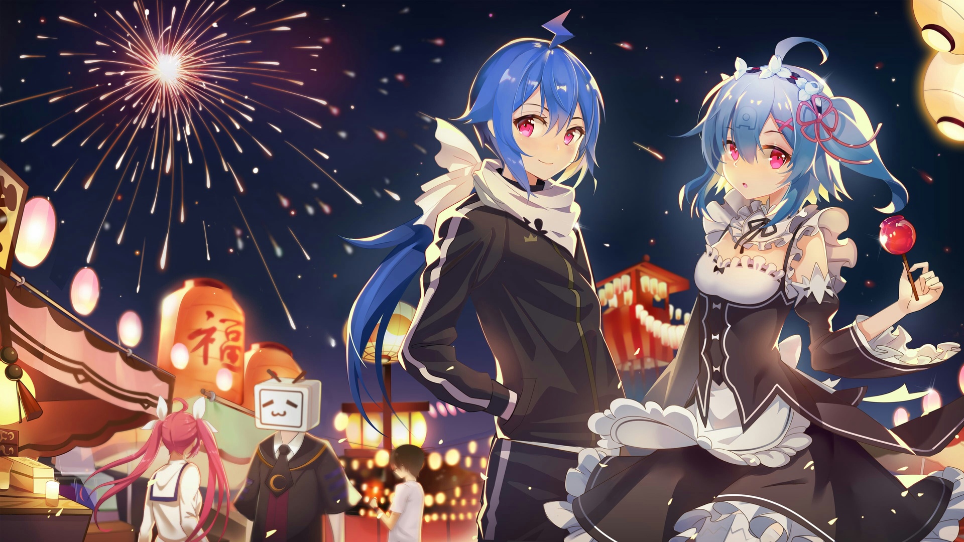 蓝色头发 粉色眼睛 bilibili 动漫 动漫女孩 女仆 电脑 壁纸 3840×2160
