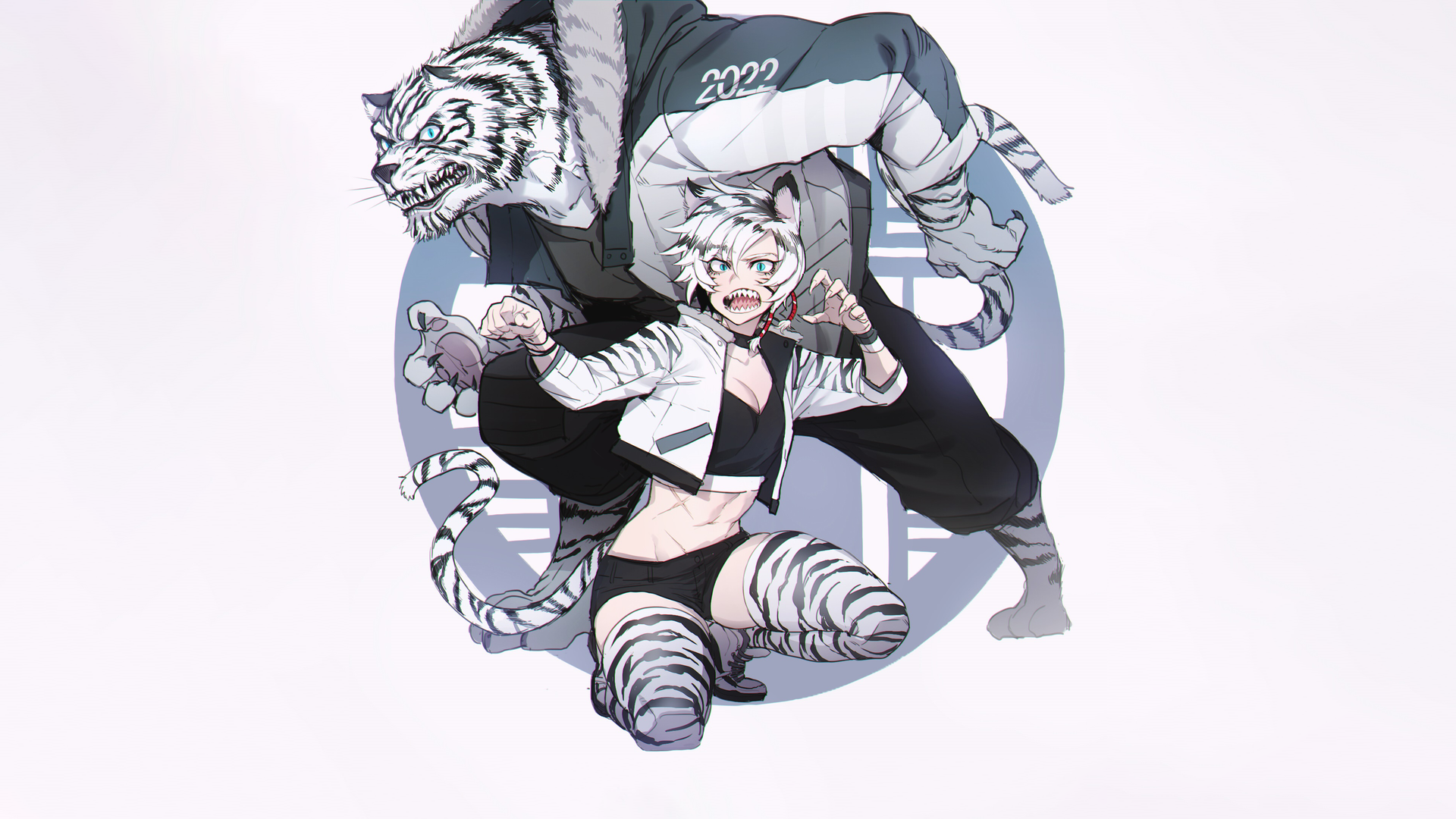 人物 猫女 短发 尖牙 老虎 猫耳朵 猫尾巴 大腿 动漫 动漫女孩 数字艺术 电脑 壁纸 3840×2160