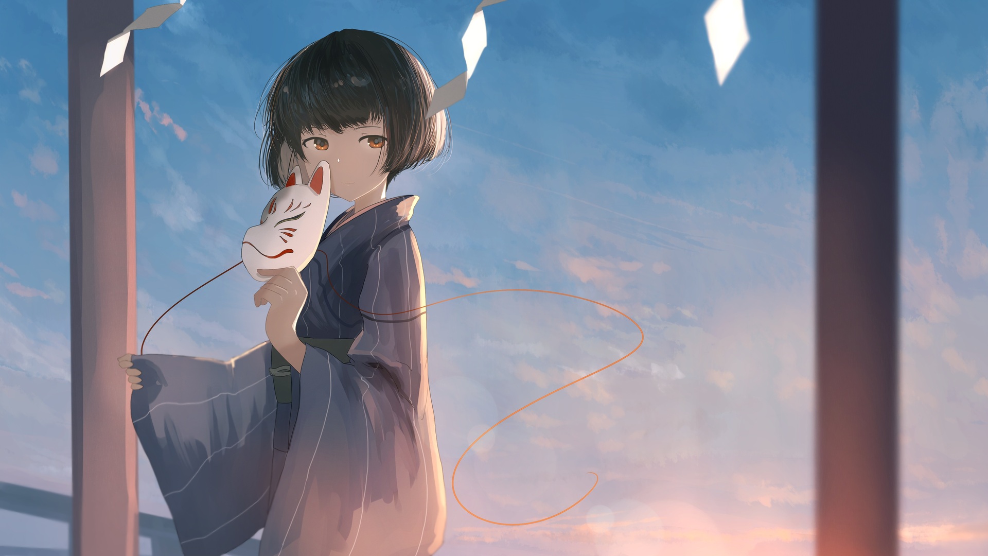 热门女孩 动漫女孩 短发 和服 面具 蓝色 电脑 高清壁纸 4227×2747