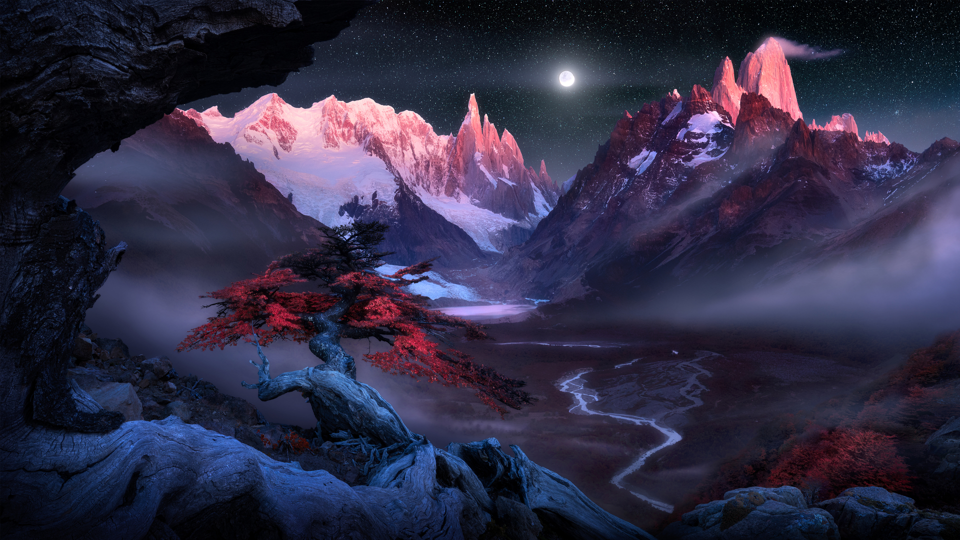 热门风景 自然 山脉 树木 夜 月亮 河流 雾 雪 星夜 月光 满月 星星 雪山 电脑 高清壁纸 5120×2881