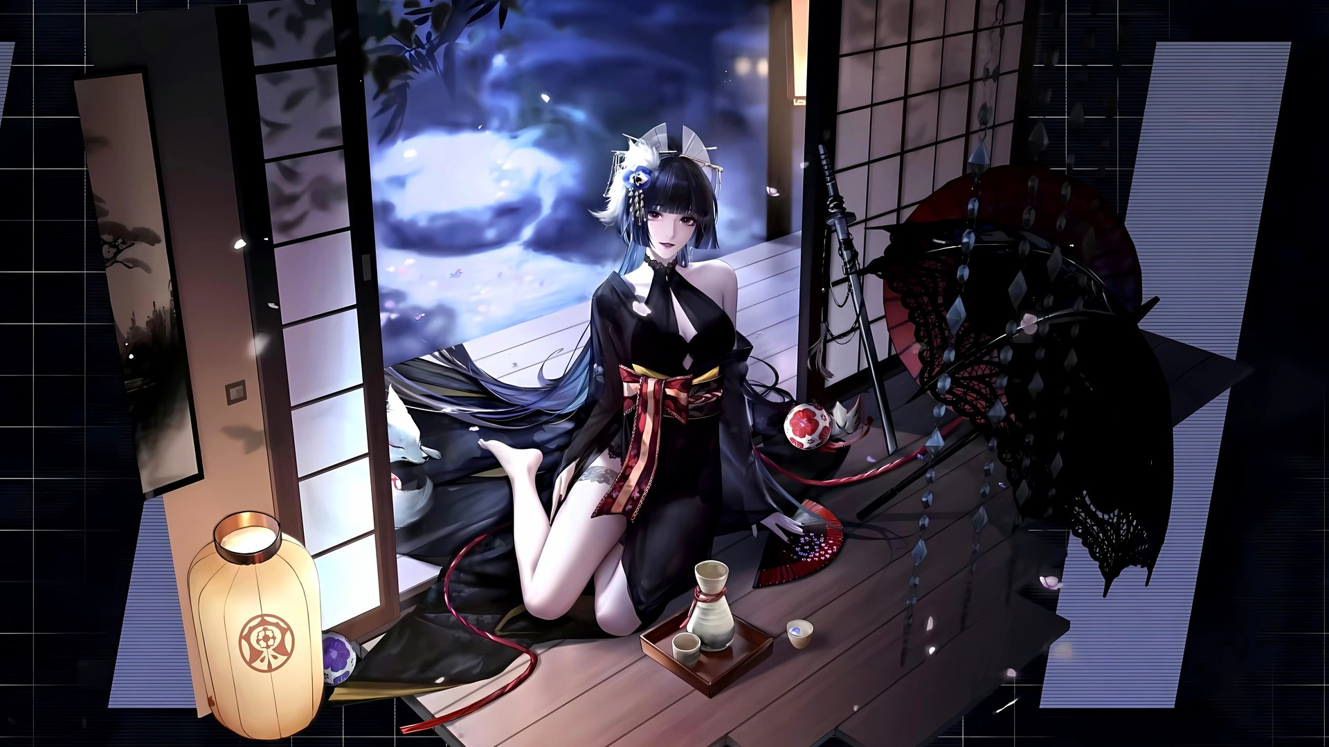经典长发 肩膀 动漫女孩 动漫 清酒 夜 花瓣 杯子 武士刀 武器 灯笼 地板 电脑 壁纸 7484×4260