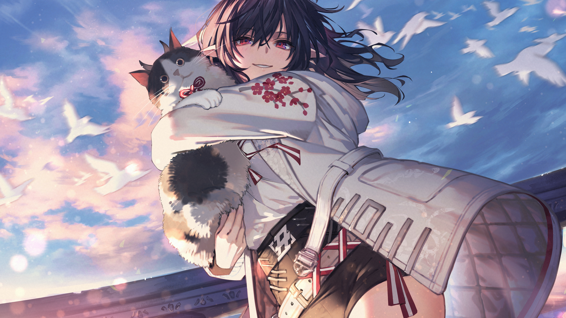 热门猫女 黑发 红眼 微笑 长发 大腿 猫 动漫女孩 日落 夕阳 天空 云 鸟 动物 阳光 短裤 电脑 高清壁纸 4093×2894