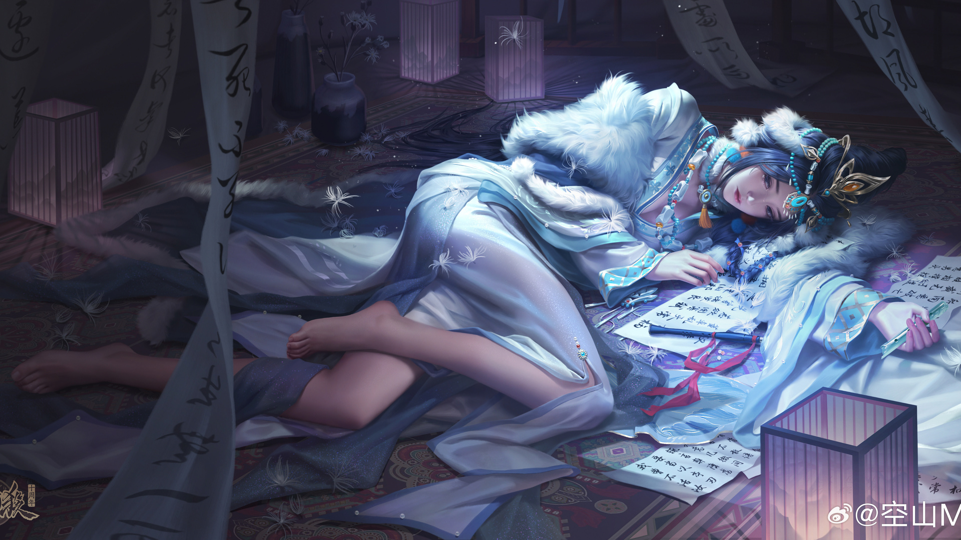游戏 女孩 角色 长发 躺着 侧躺 三国杀 立绘 电脑 壁纸 5780×2828