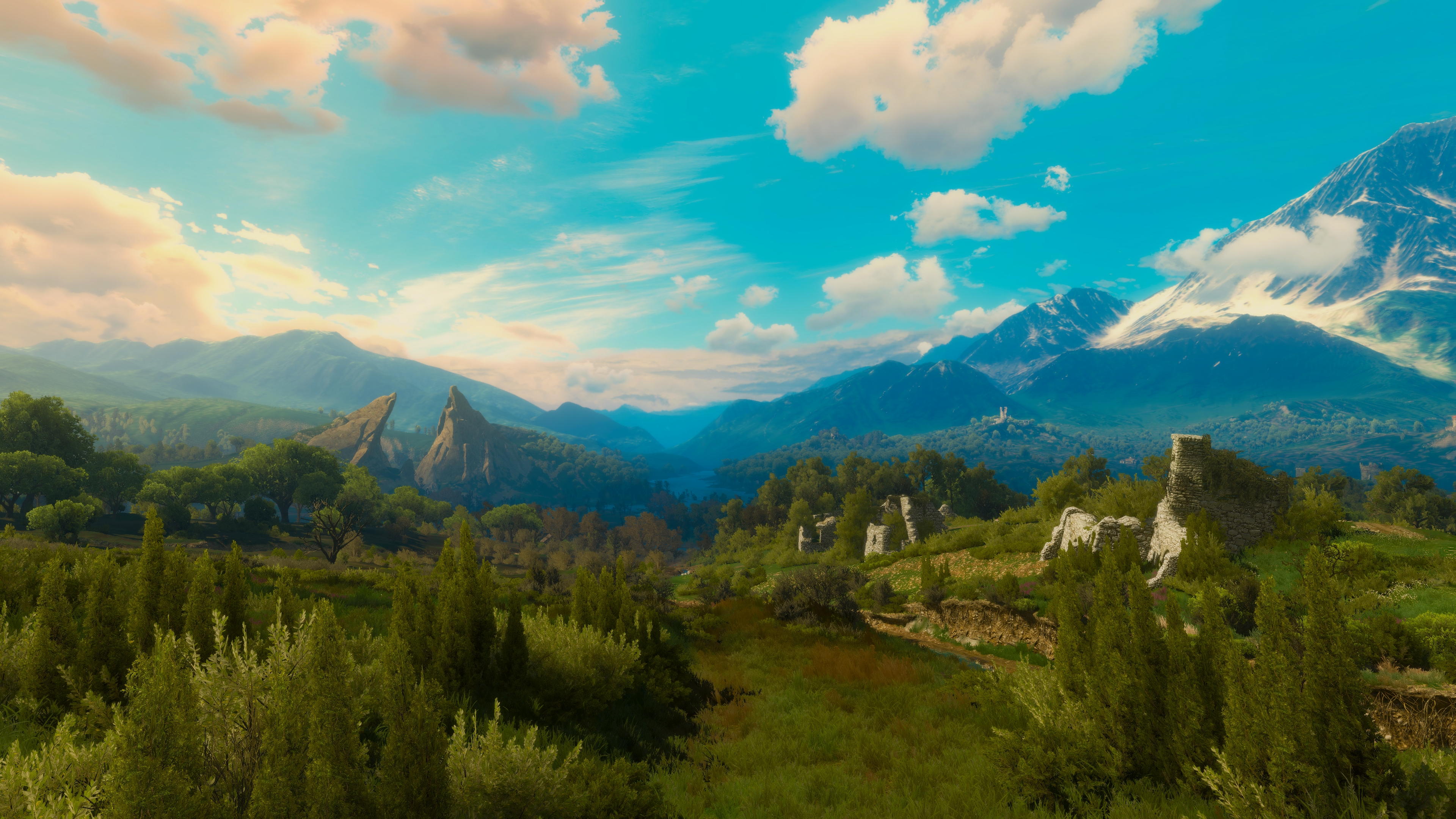 风景 阳光 云 天空 树木 山脉 CGI 4K高清壁纸 3840×2160