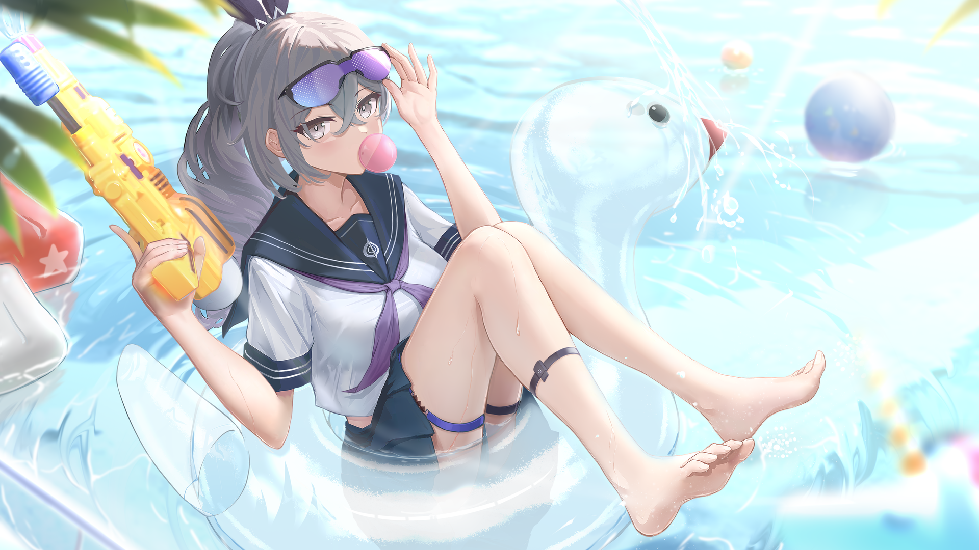 绝美电子游戏女孩 女学生 动漫女孩 银狼 泳池 校服 水枪 泡泡糖 户外 壁纸 4961×3366