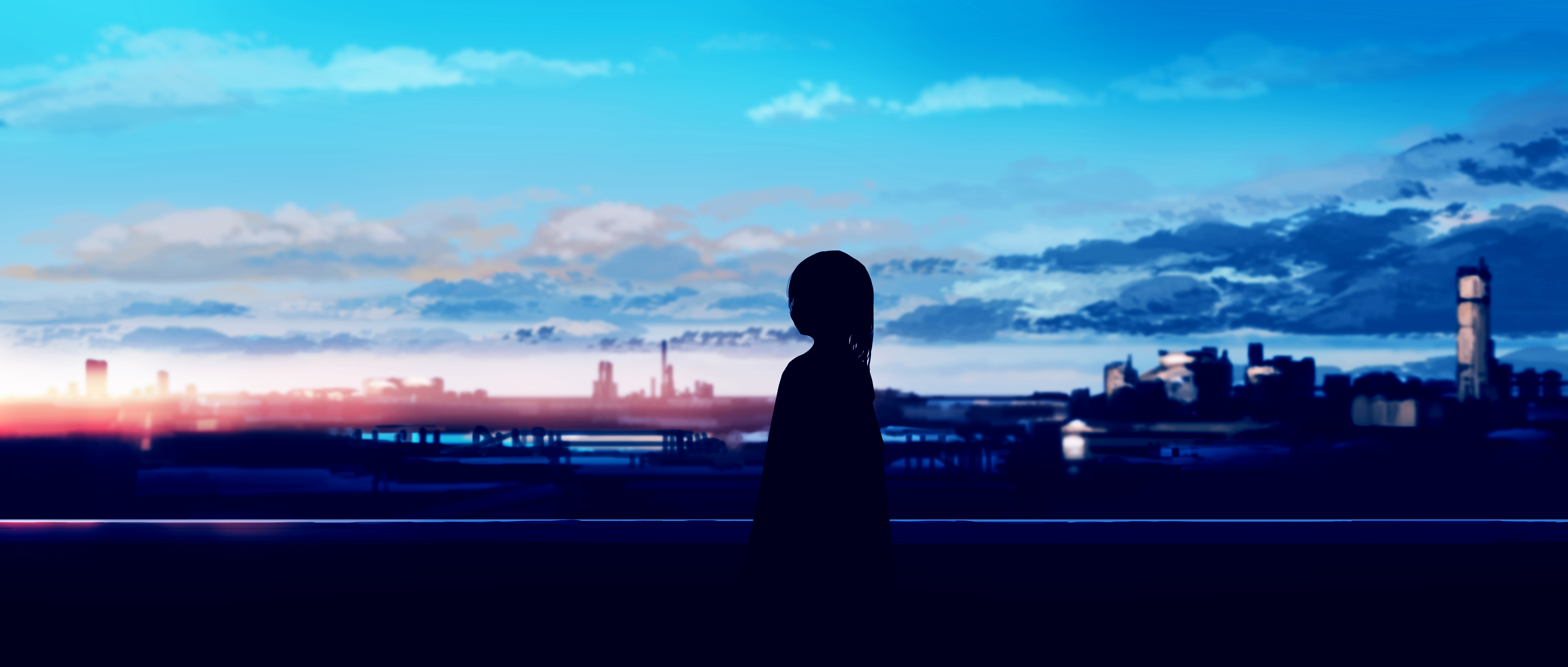 长发 站立 数字艺术 剪影 阳光 天空 4K高清壁纸 5640×2400