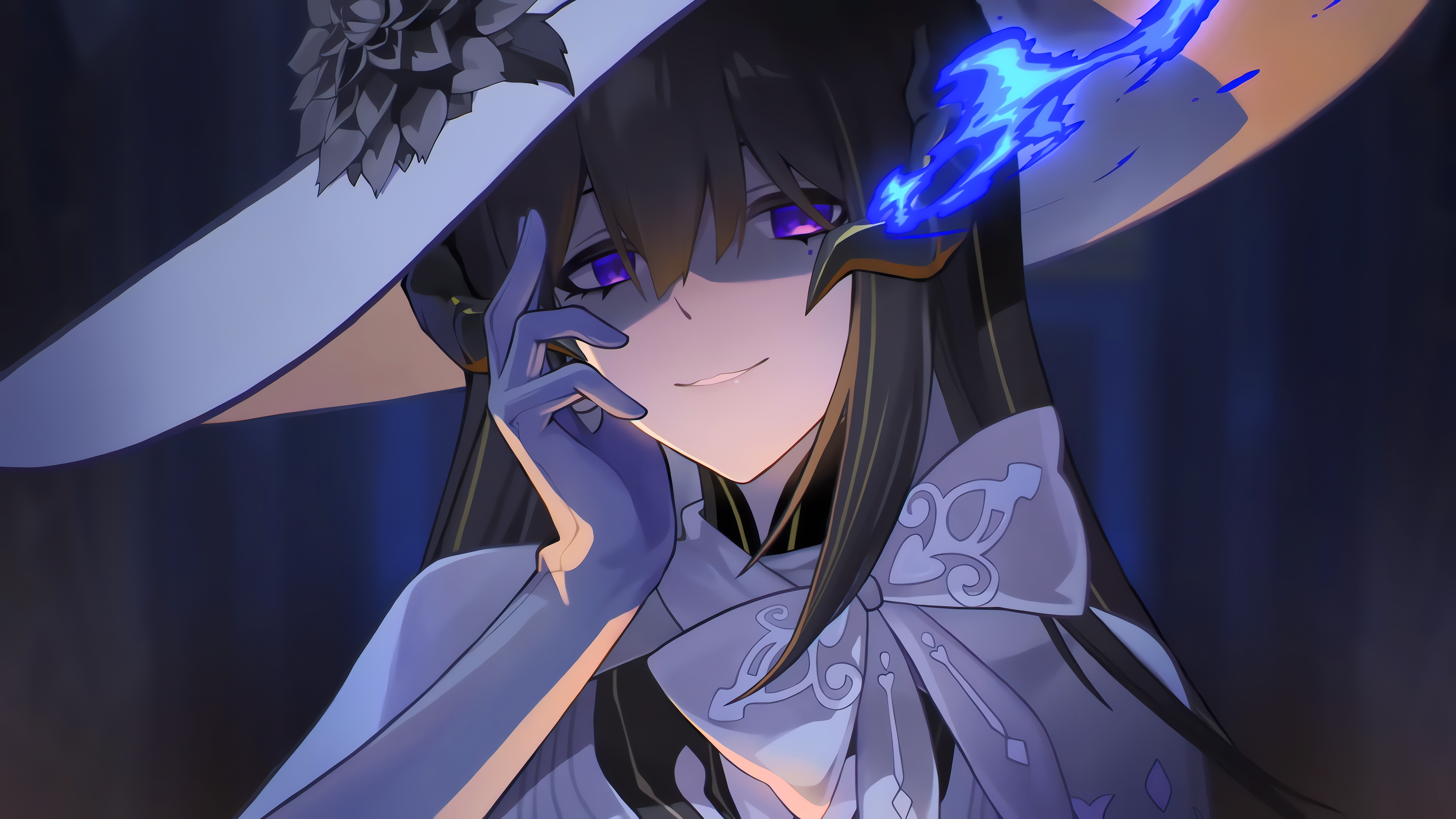 戴帽子的女人 游戏 女孩 星轨 蓝色火焰 动漫女孩 无水印壁纸 3840×2160