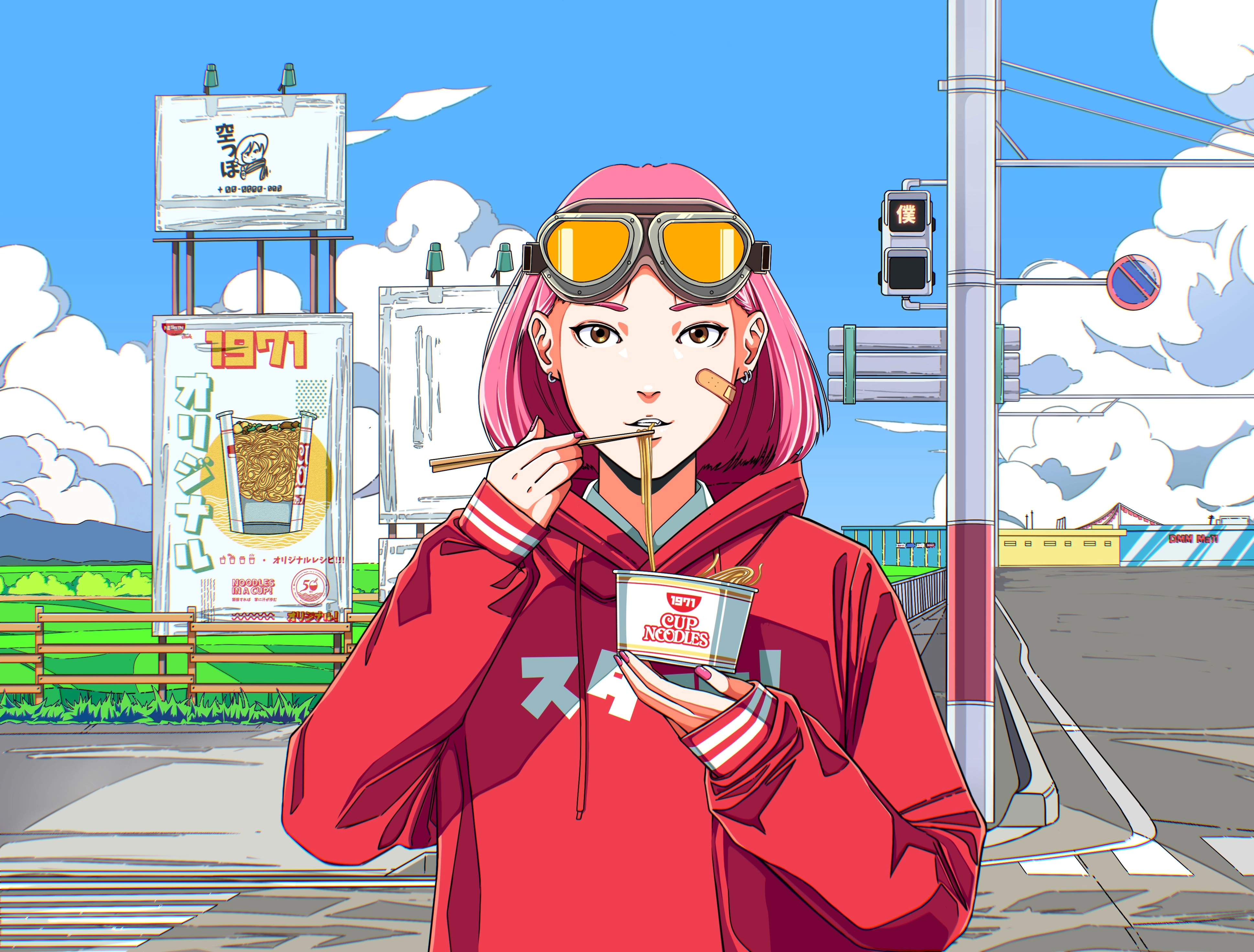 粉红色头发 户外数字 艺术 插图 街道 云 红绿灯 面条 动漫 女孩 天空 创可贴 兜帽 护目镜 道路 无水印壁纸 3876×2943