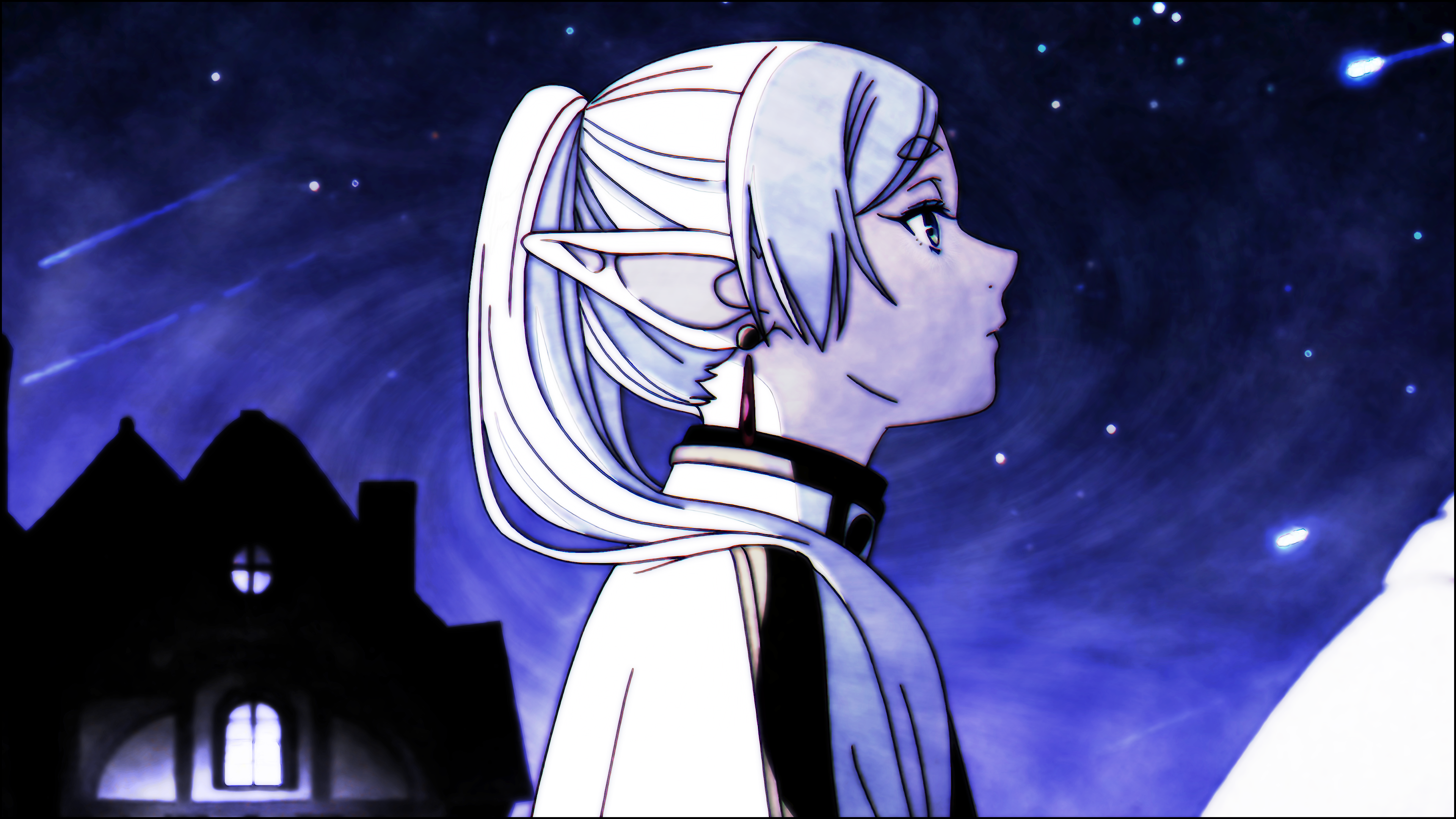 白发 马尾辫 星星 动漫女孩 尖耳朵 耳环 天空 夜晚 流星 壁纸 3840×2160