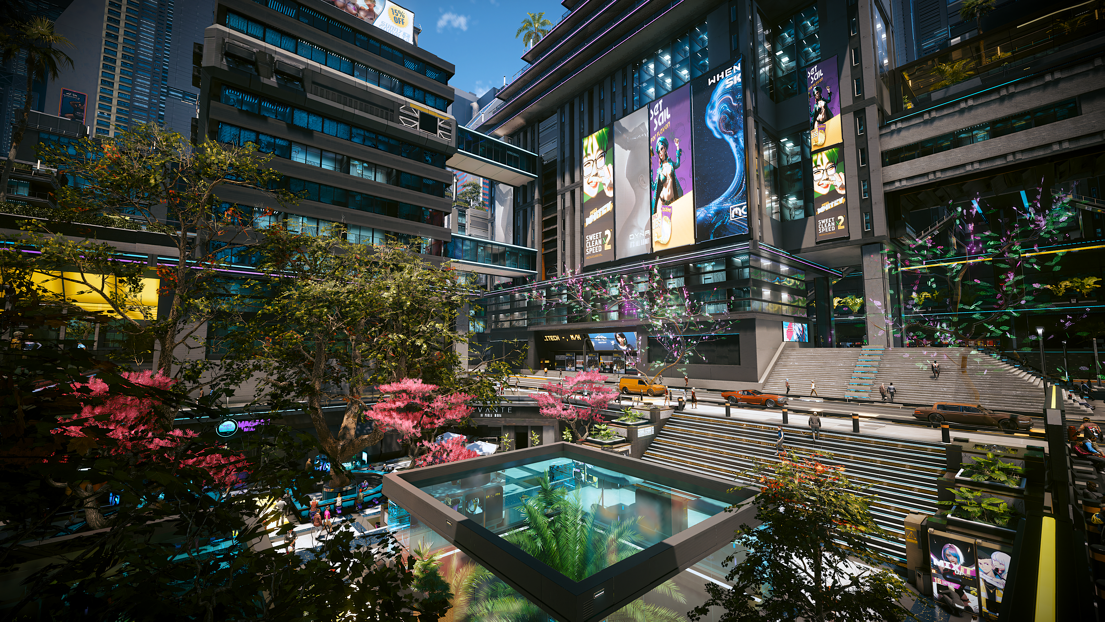绚丽树木 树屋 花园 花园城市 广告 霓虹灯 绿色 城市 赛博朋克 摩天大楼 视频游戏 壁纸 3840×2160
