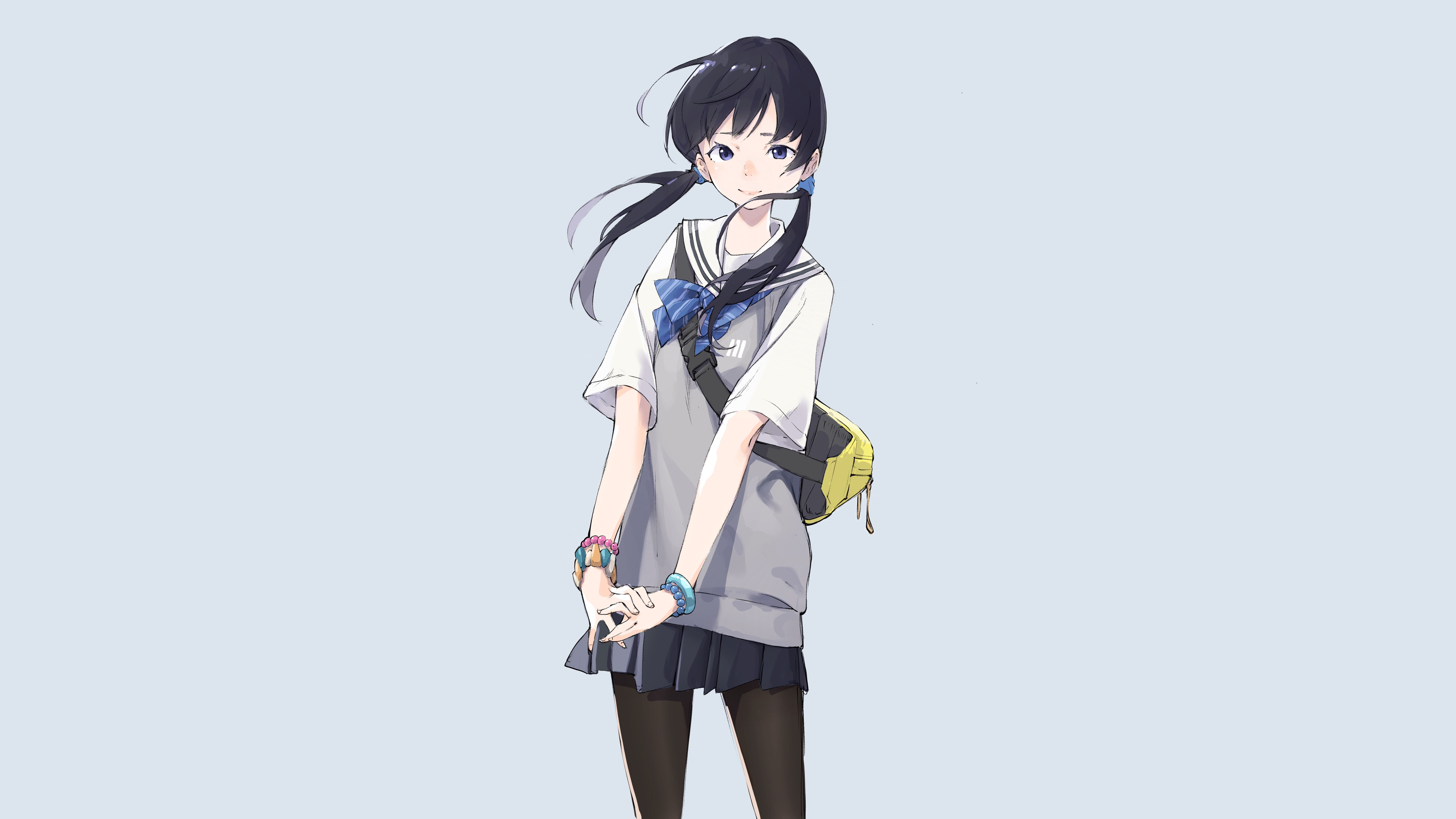 微笑 女学生 原创人物 长发 动漫女孩 动漫 简单背景 校服 领结 手镯 背包 绘画 4K高清壁纸 7607×4279