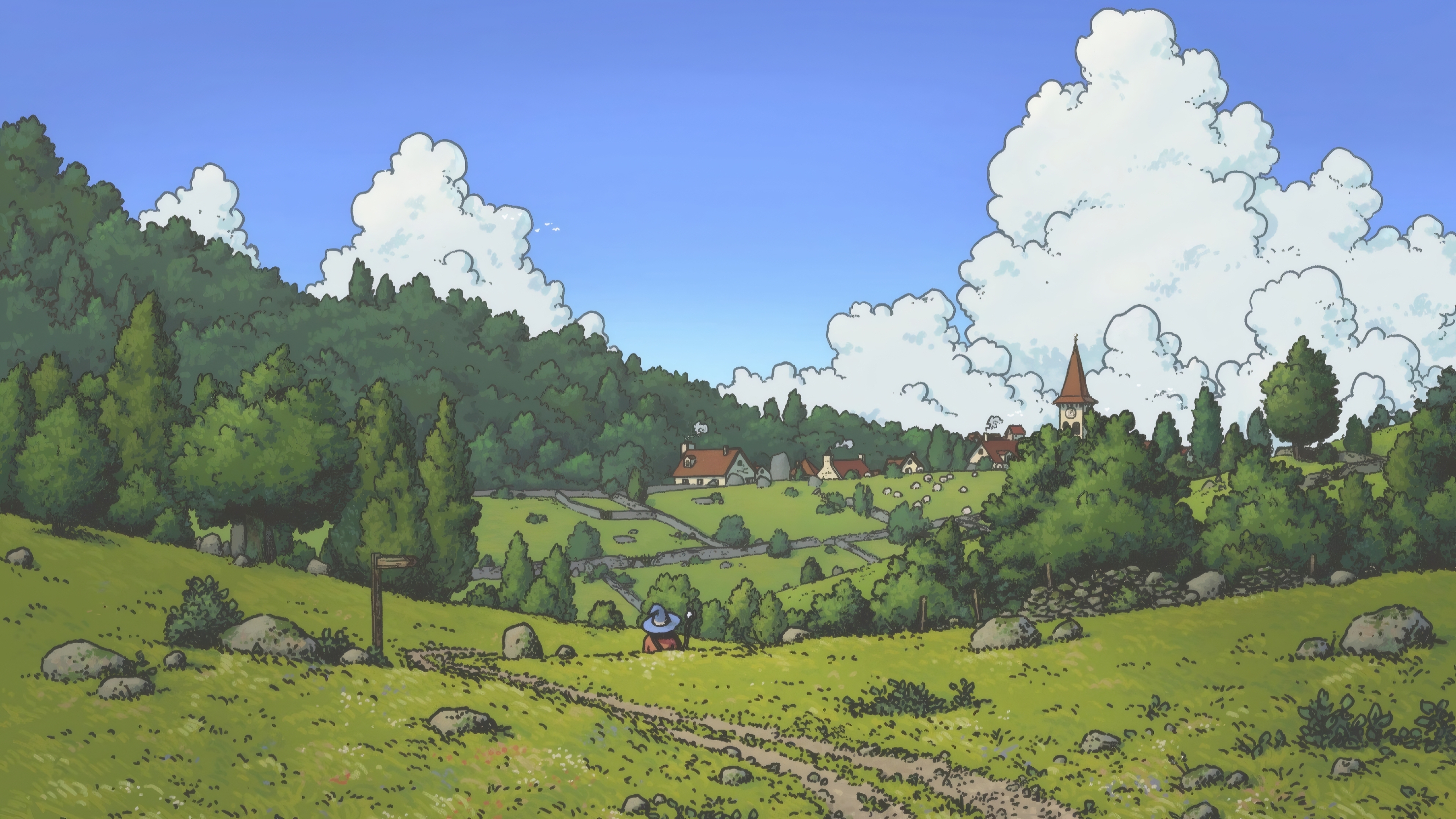 治愈 唯美 天空 草地 红帽子 简单背景 蓝色 绿色 巫师 自然 森林 桌面壁纸 3840×2160