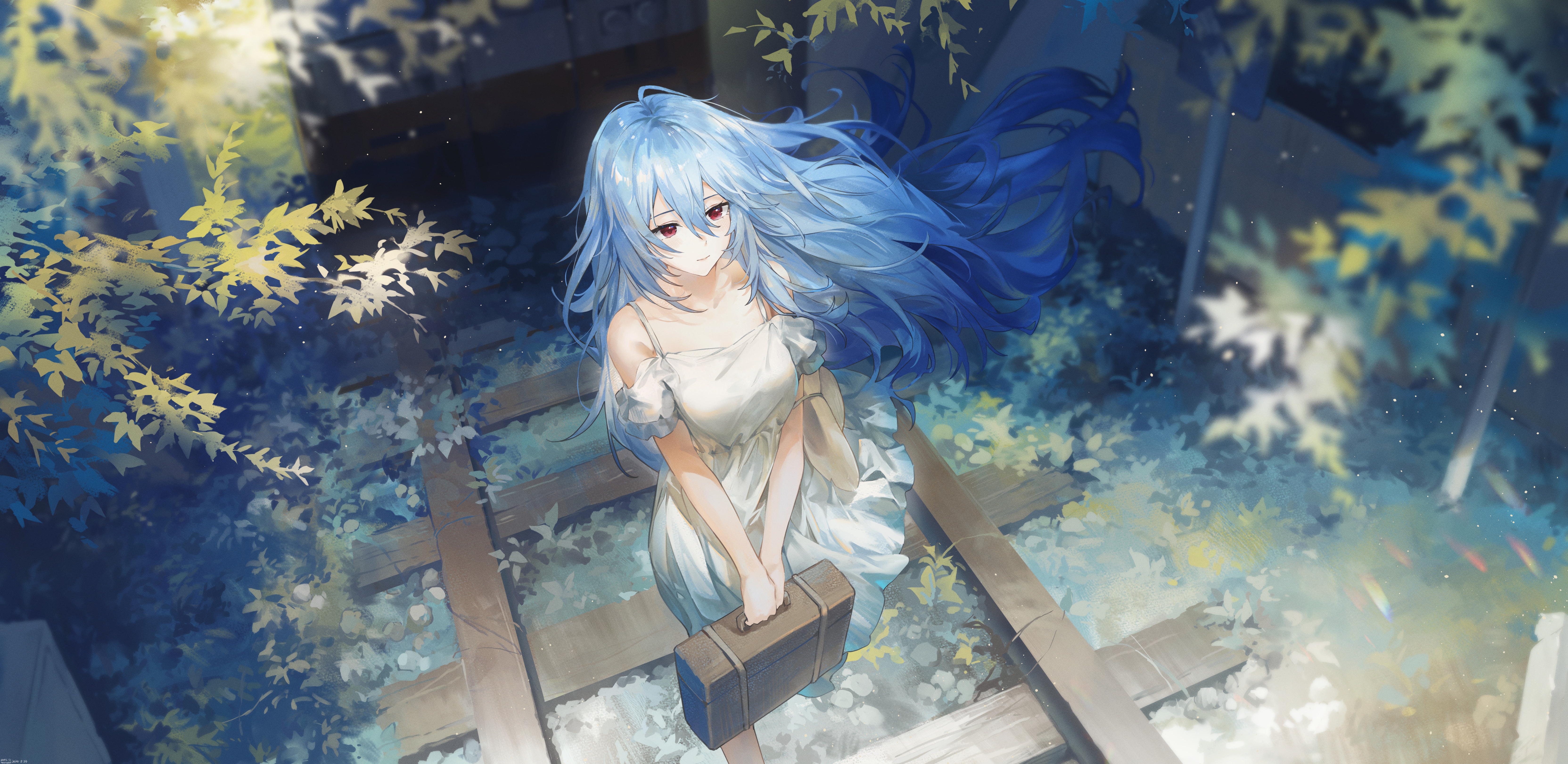 蓝头发 红眼睛 衣服 铁路 手提箱 动漫 动漫女孩 壁纸 6653×3240