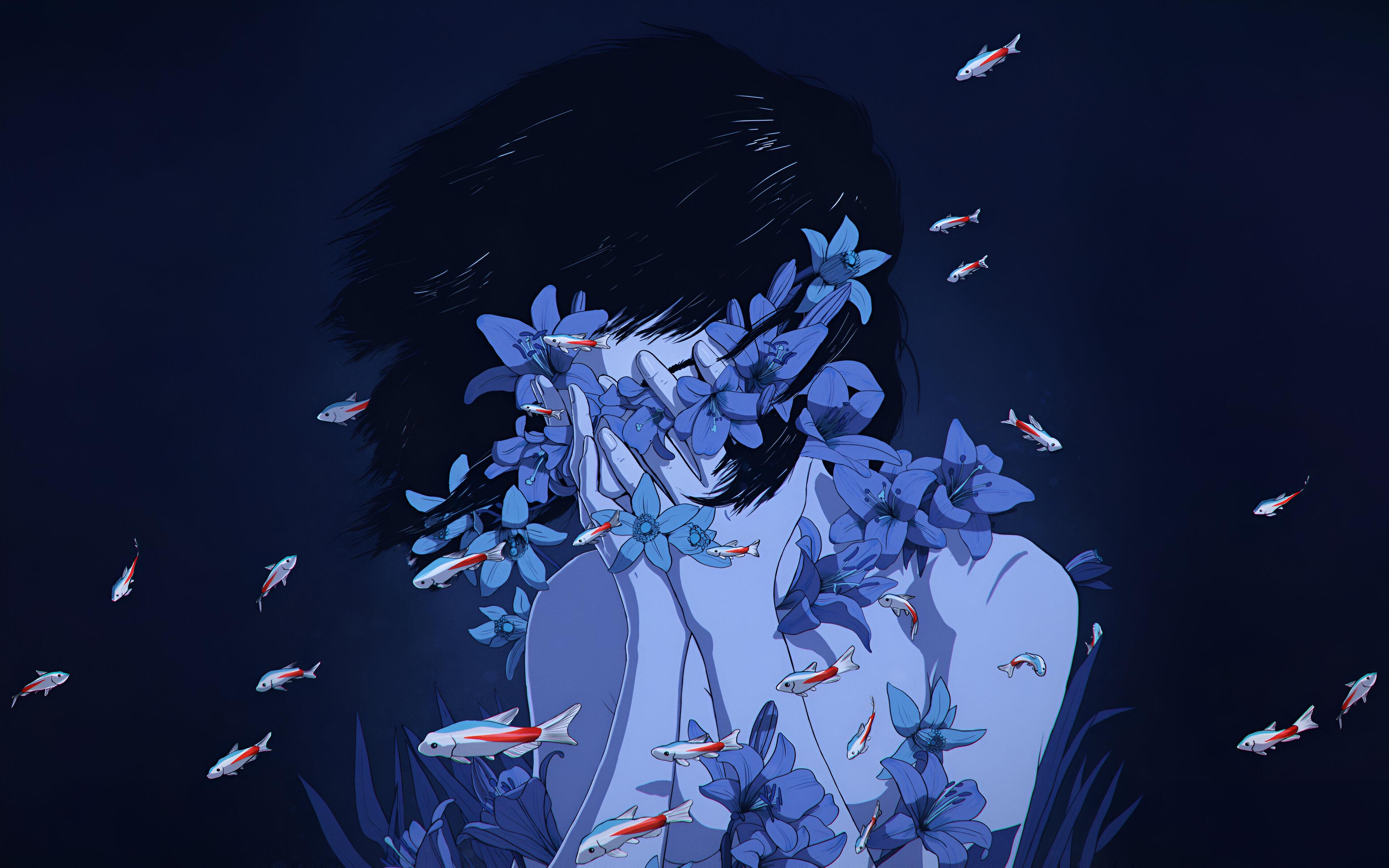 高清黑发 蓝色 锦葵鱼 鱼 动漫 动漫女孩 花朵 完美 艺术品 深色背景 水中 水里 游泳 壁纸 3840×2400