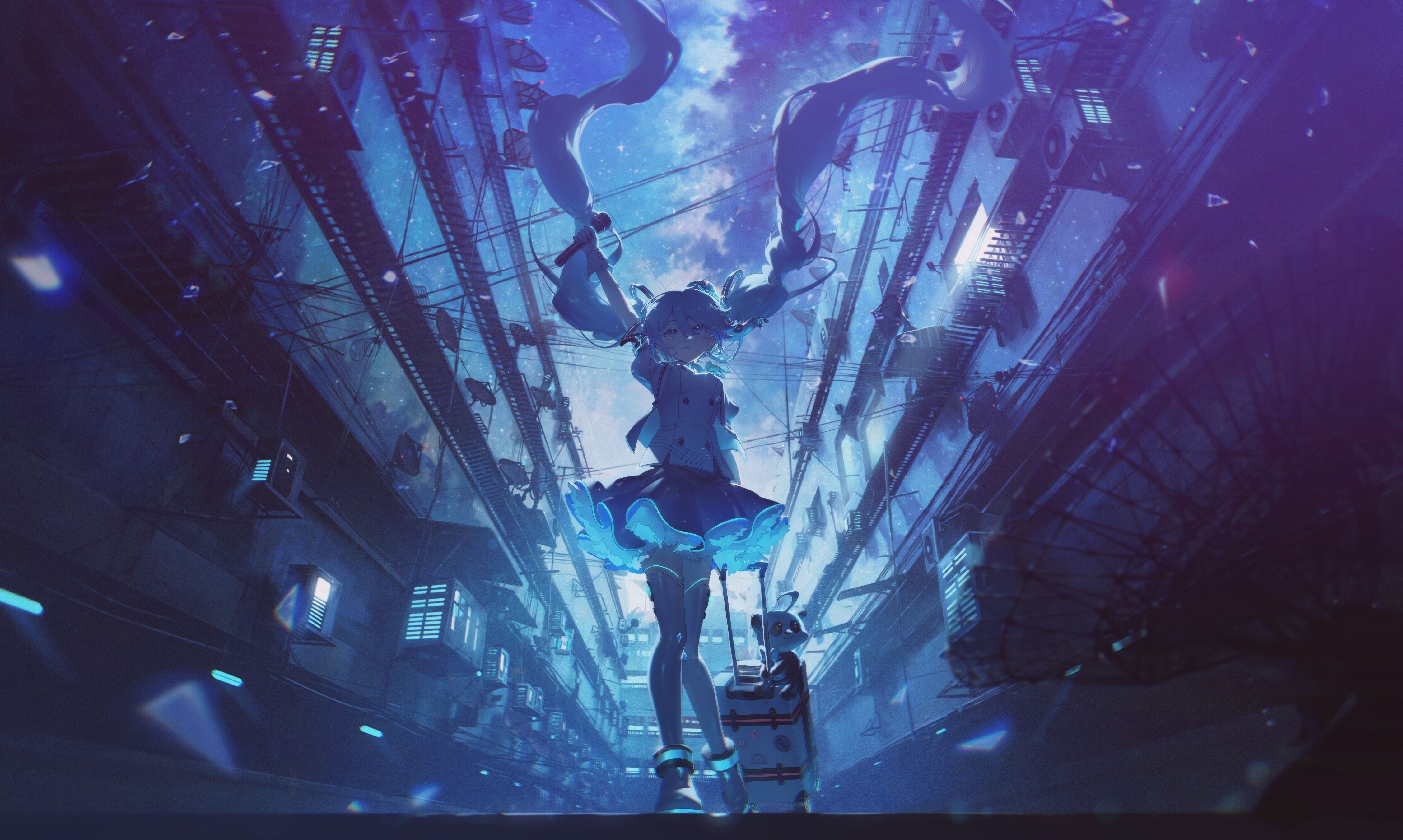 长发 动漫 初音未来 麦克风 双胞胎 手提箱 天线 天空 空调 云 动漫女孩 行李 星空 4K高清壁纸 4510×2701